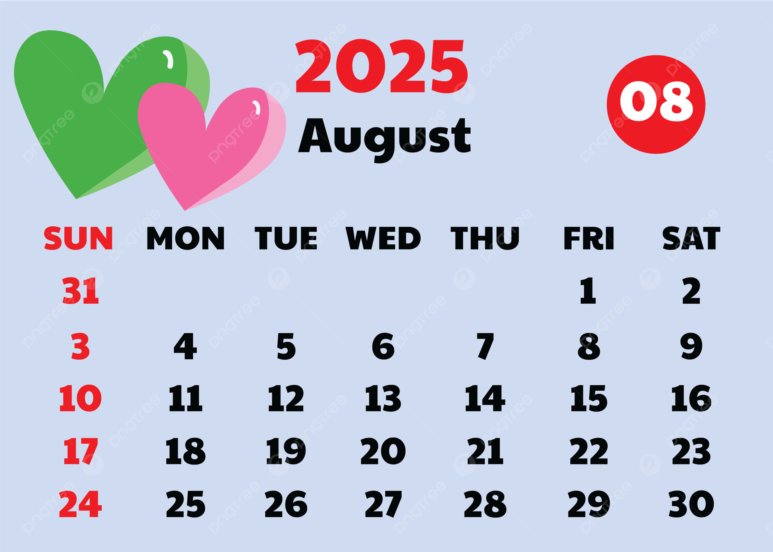 2025 August Calendar Cute Design Vector With Hearts Background Template Download On Pngtree