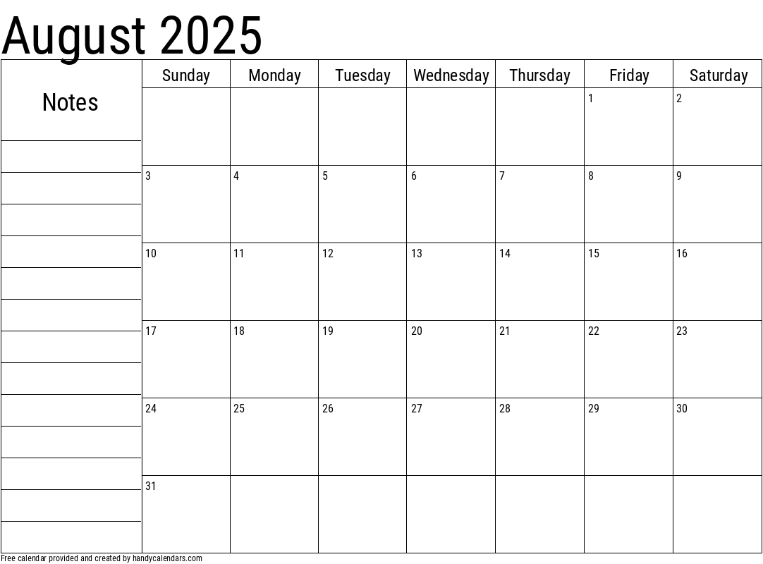 2025 August Calendars Handy Calendars