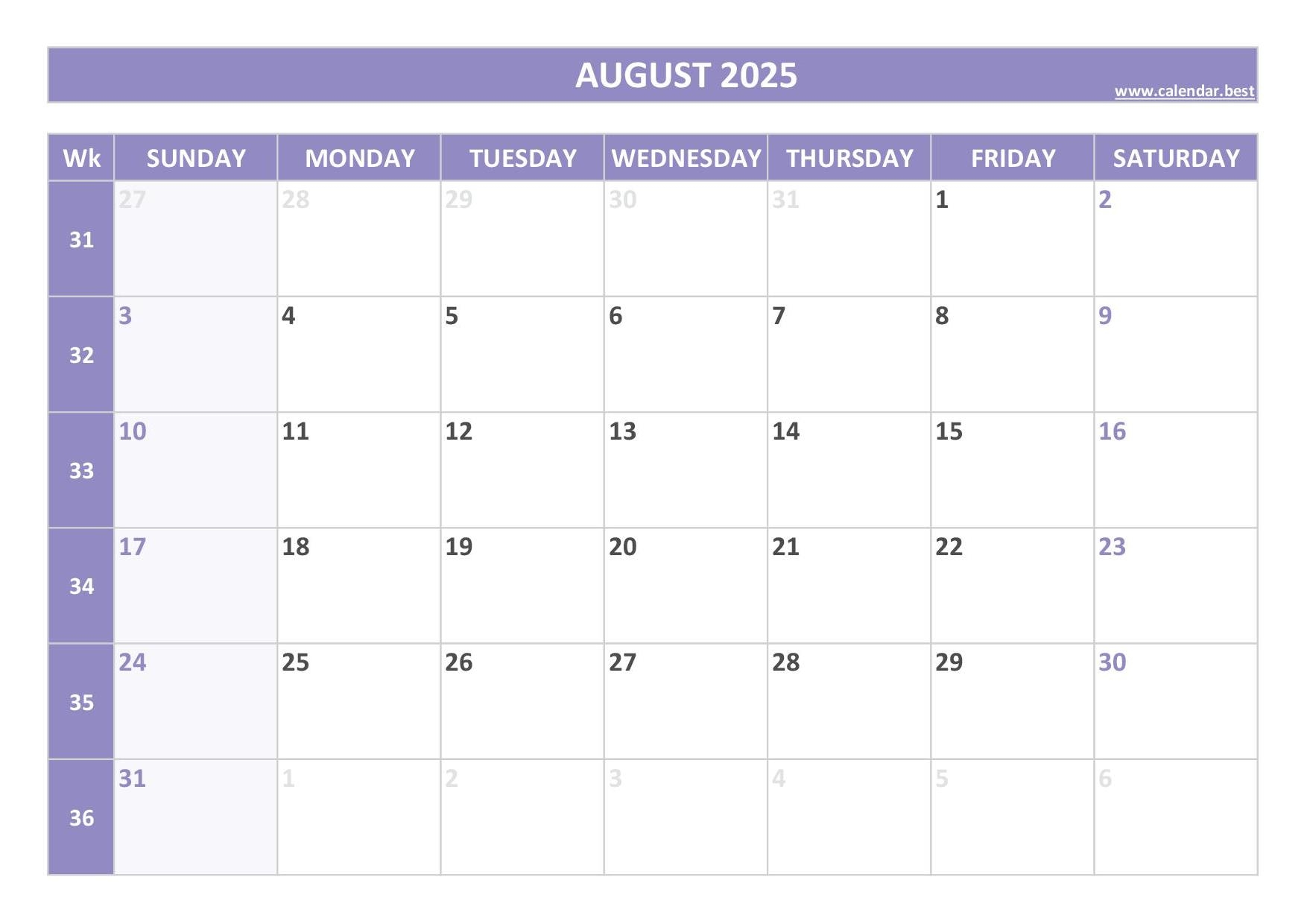 August Weekly Calendar 2025