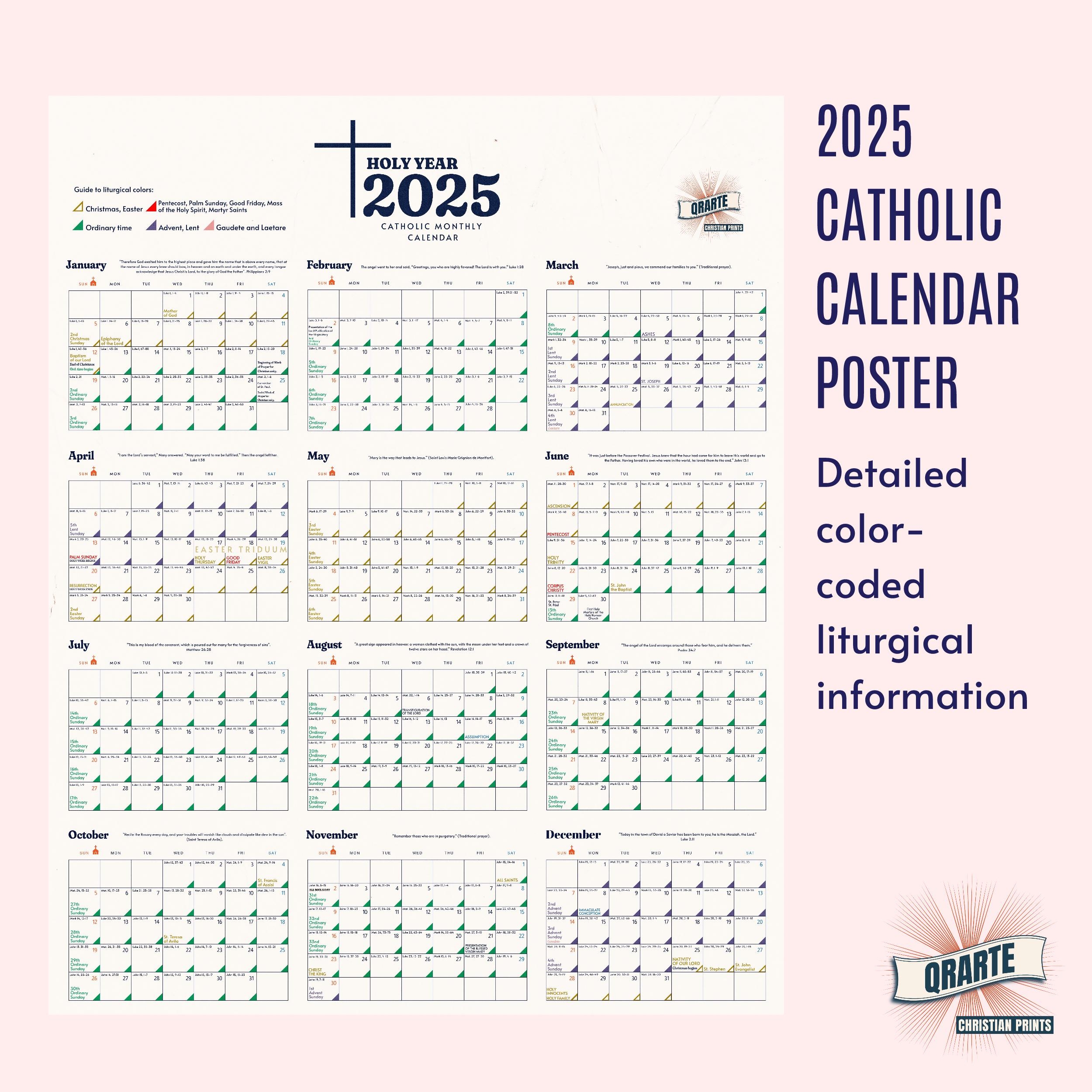 2025 Catholic Wall Calendar Poster Liturgical Color Code Yearly 