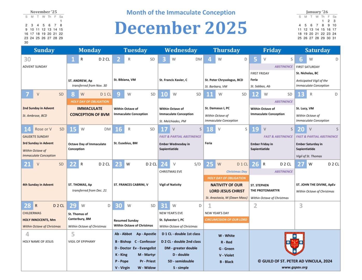 2025 Traditional Catholic Calendar