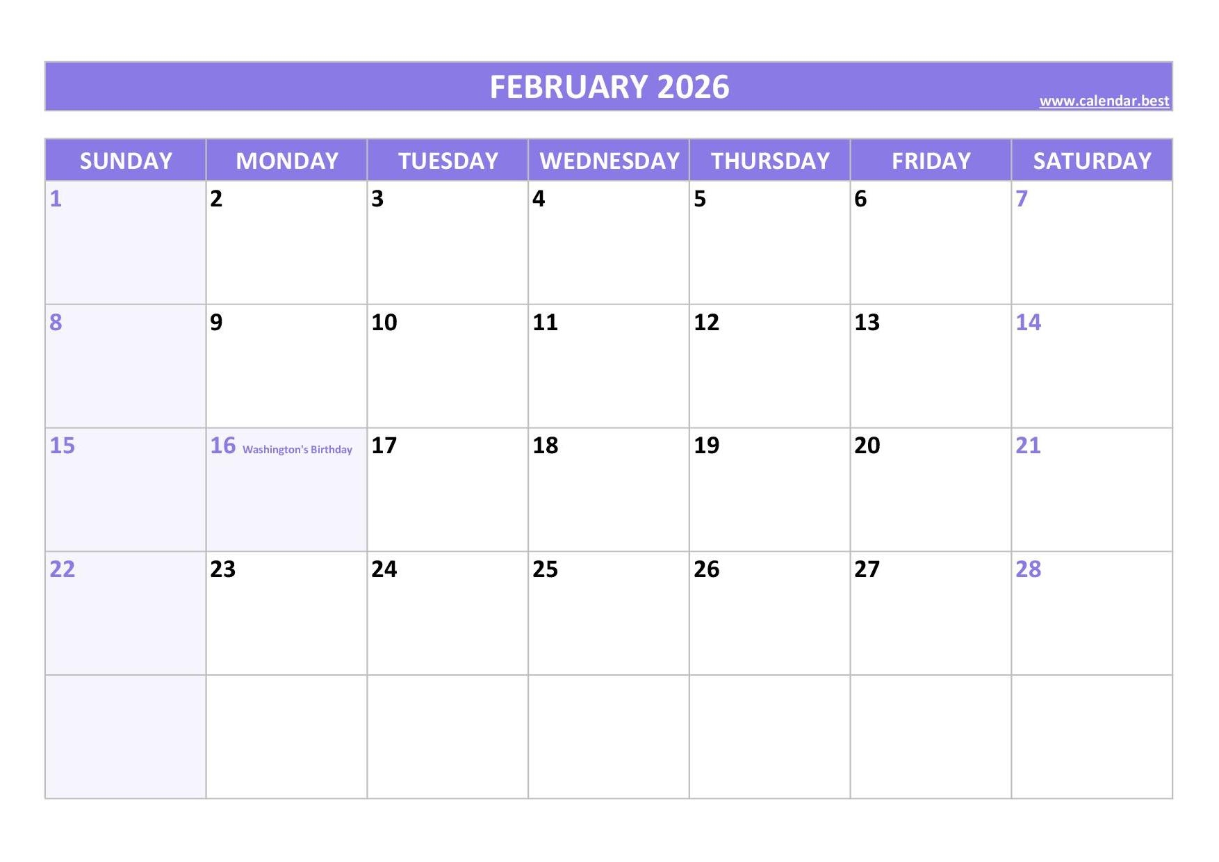 February 2026 Calendar Printable Pdf