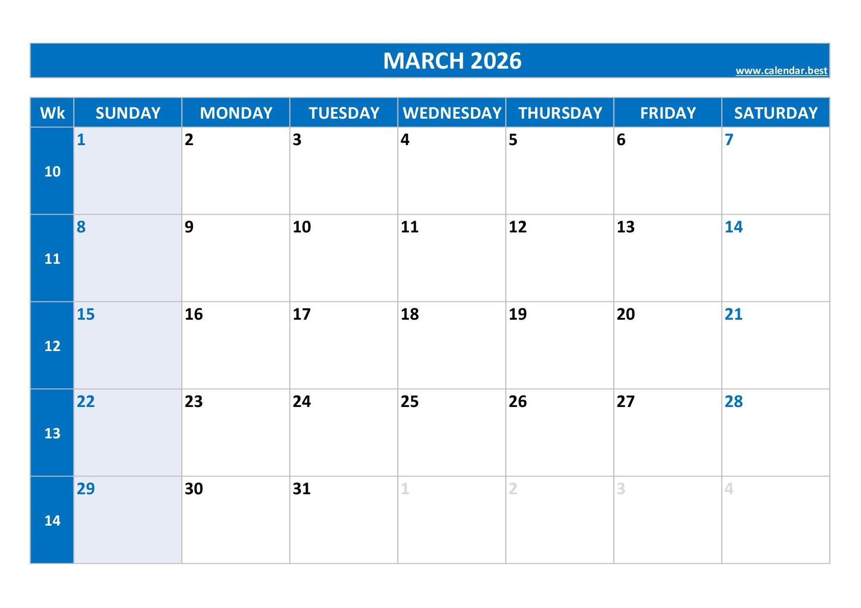 March 2026 Calendar Printable