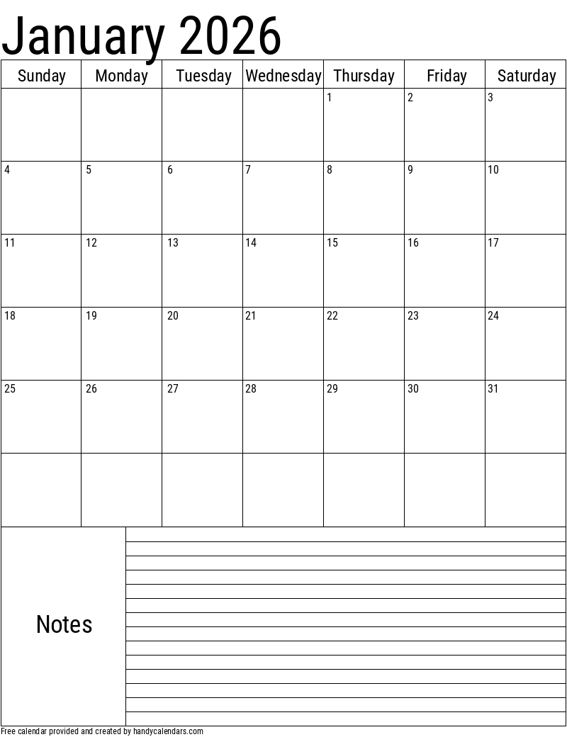 Jan Calendar 2026 Printable