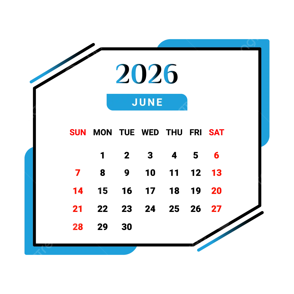 2026 June Month Calendar Skyblue And Black Vector Monthly Calendar Calendar June 2026 PNG And Vector With Transparent Background For Free Download