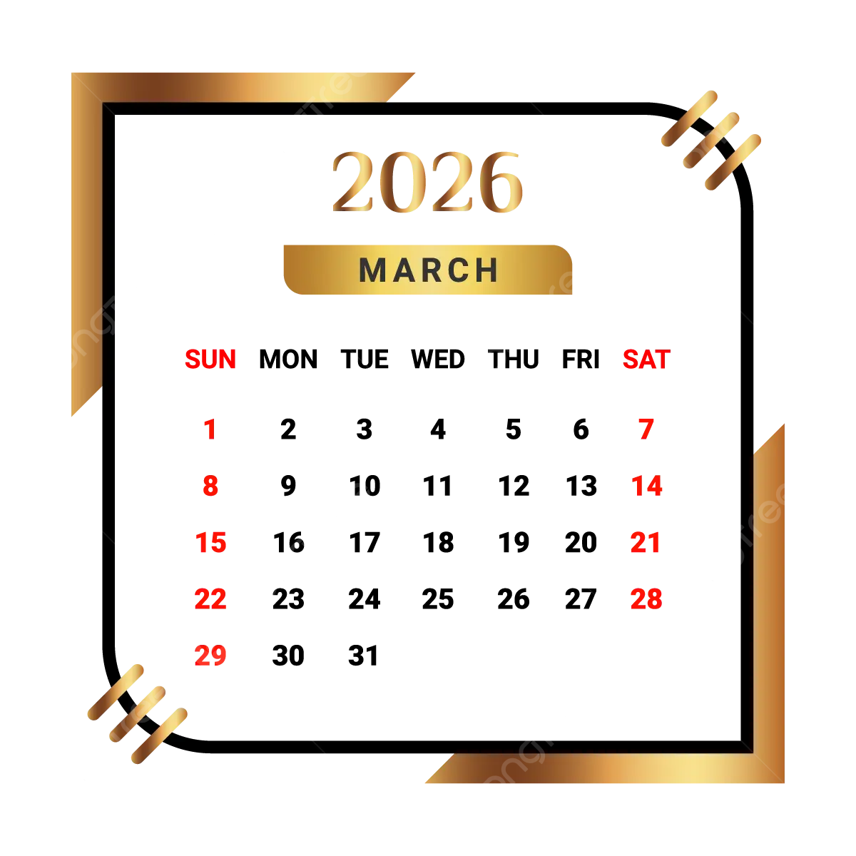 2026 March Month Calendar With Black And Golden Vector Monthly 