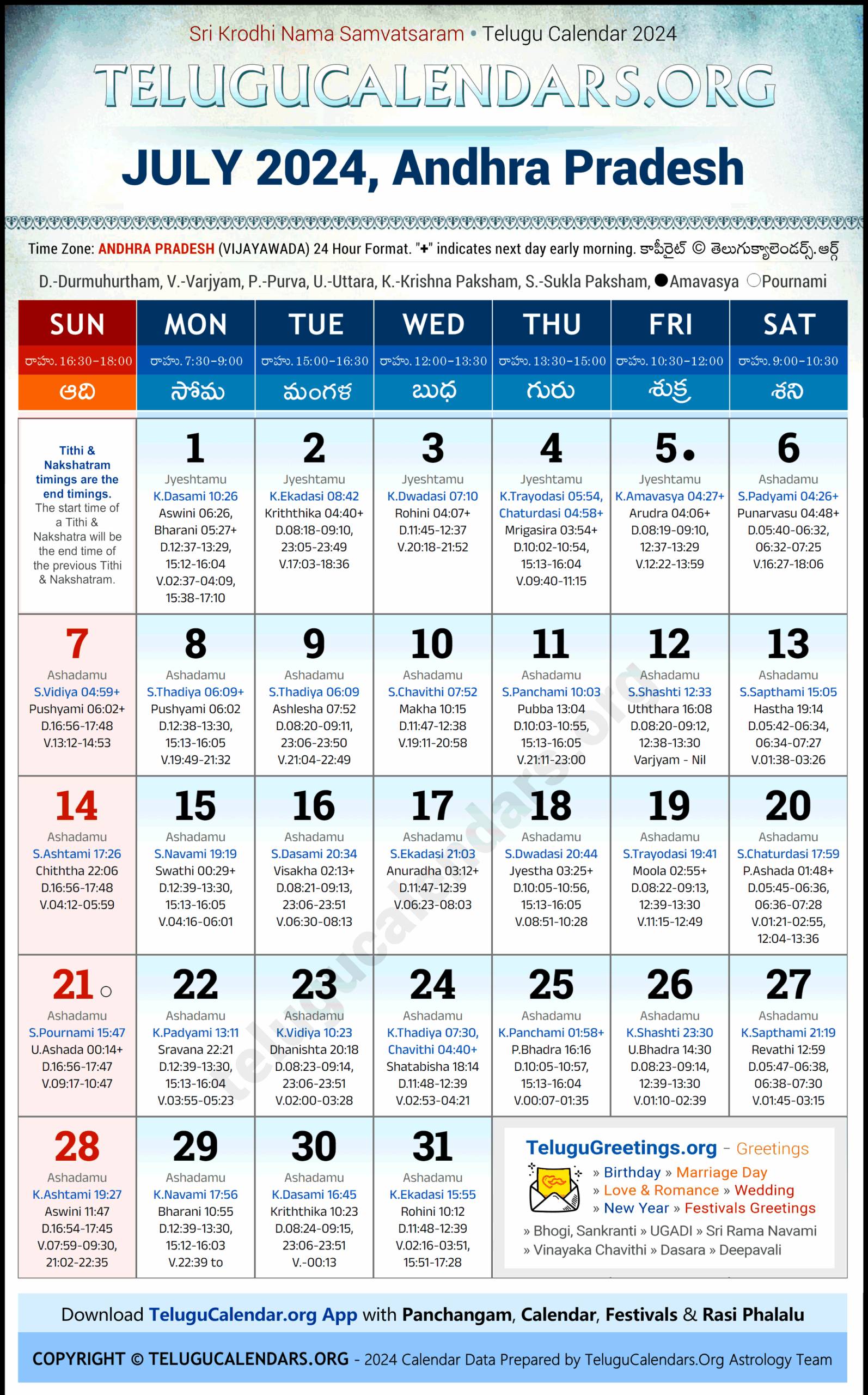 July Telugu Calendar 2025