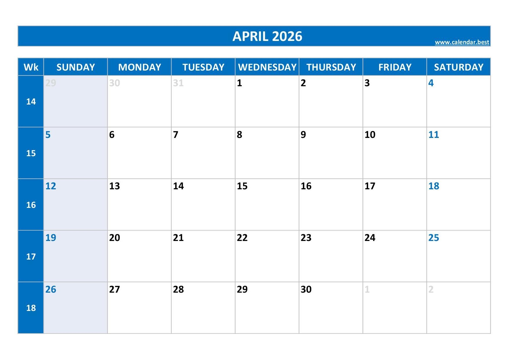 Month Of April 2026 Calendar