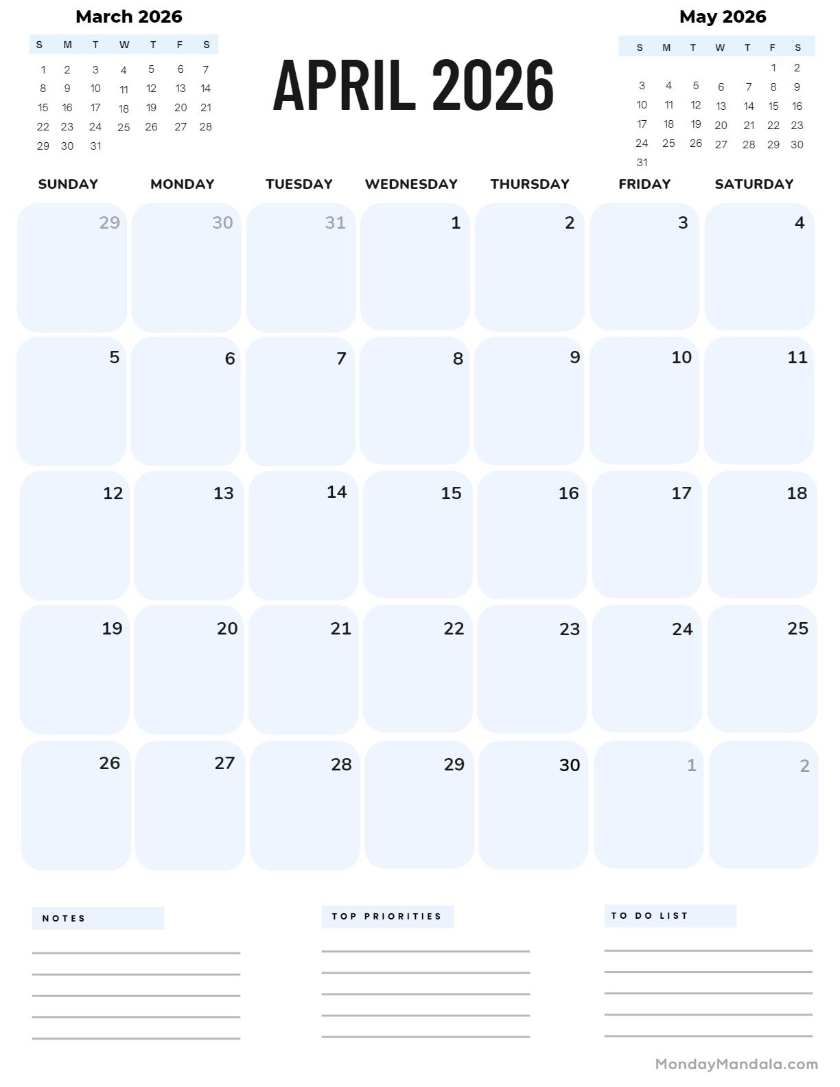 April 2026 Calendar Excel