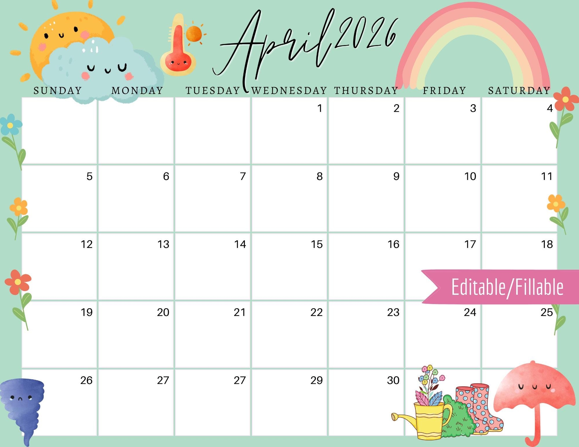 April 2026 Digital Calendar Mint Green April Showers Editable Fillable Printable Calendar For Planning PDF PNG And JPG Download Etsy