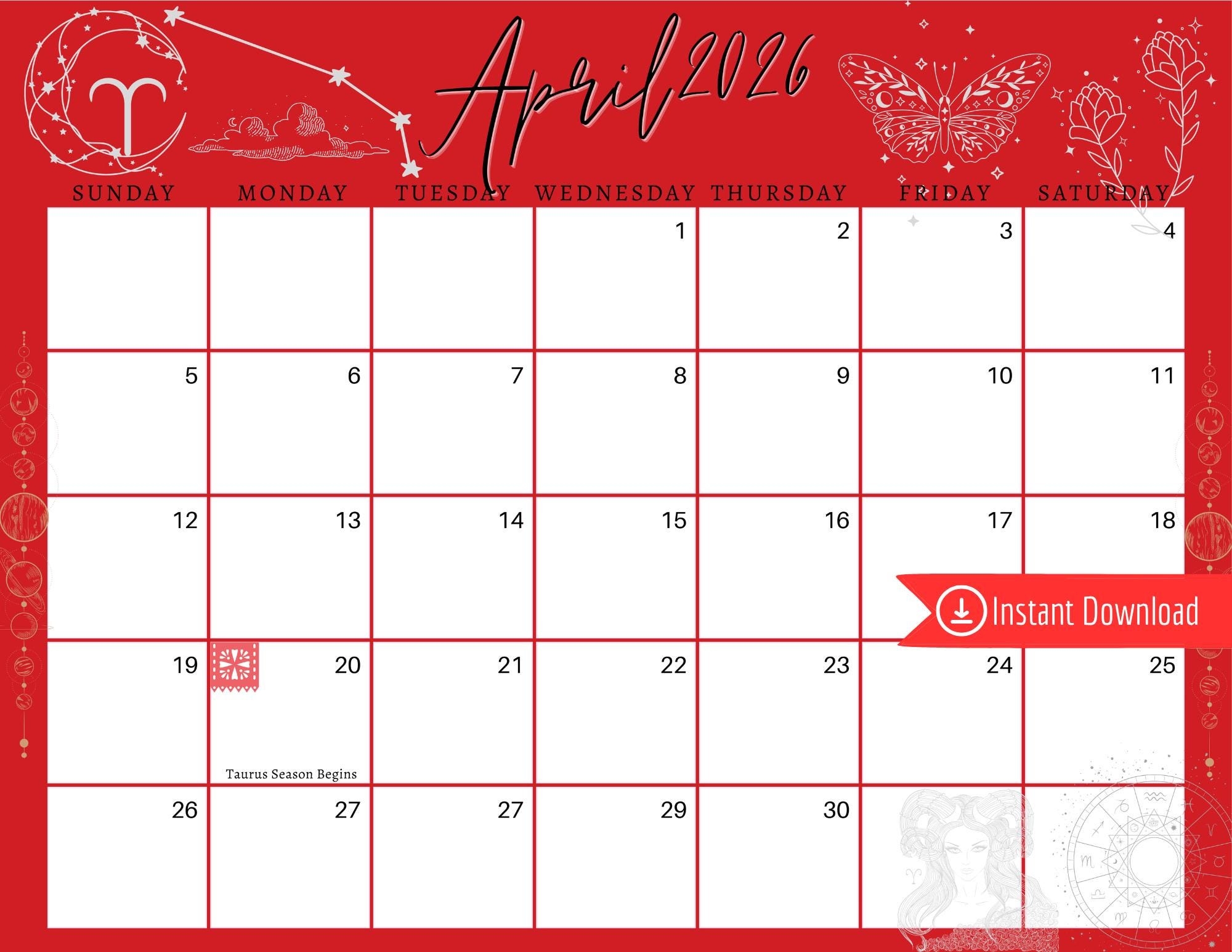 April 2026 Digital Calendar Red And Silver Aries Season Editable Fillable Printable Calendar For Planning PDF PNG And JPG Download Etsy