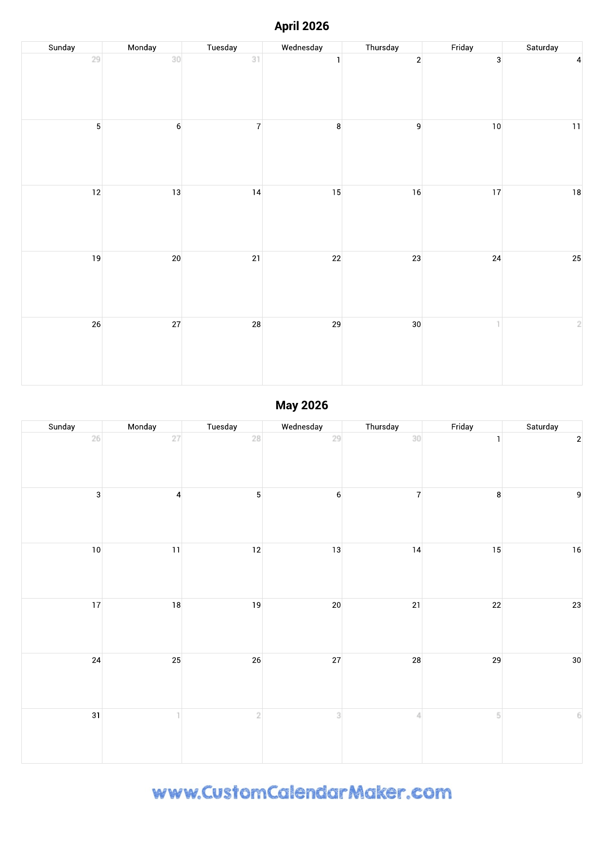 April And May 2026 Calendar Custom Calendar Maker