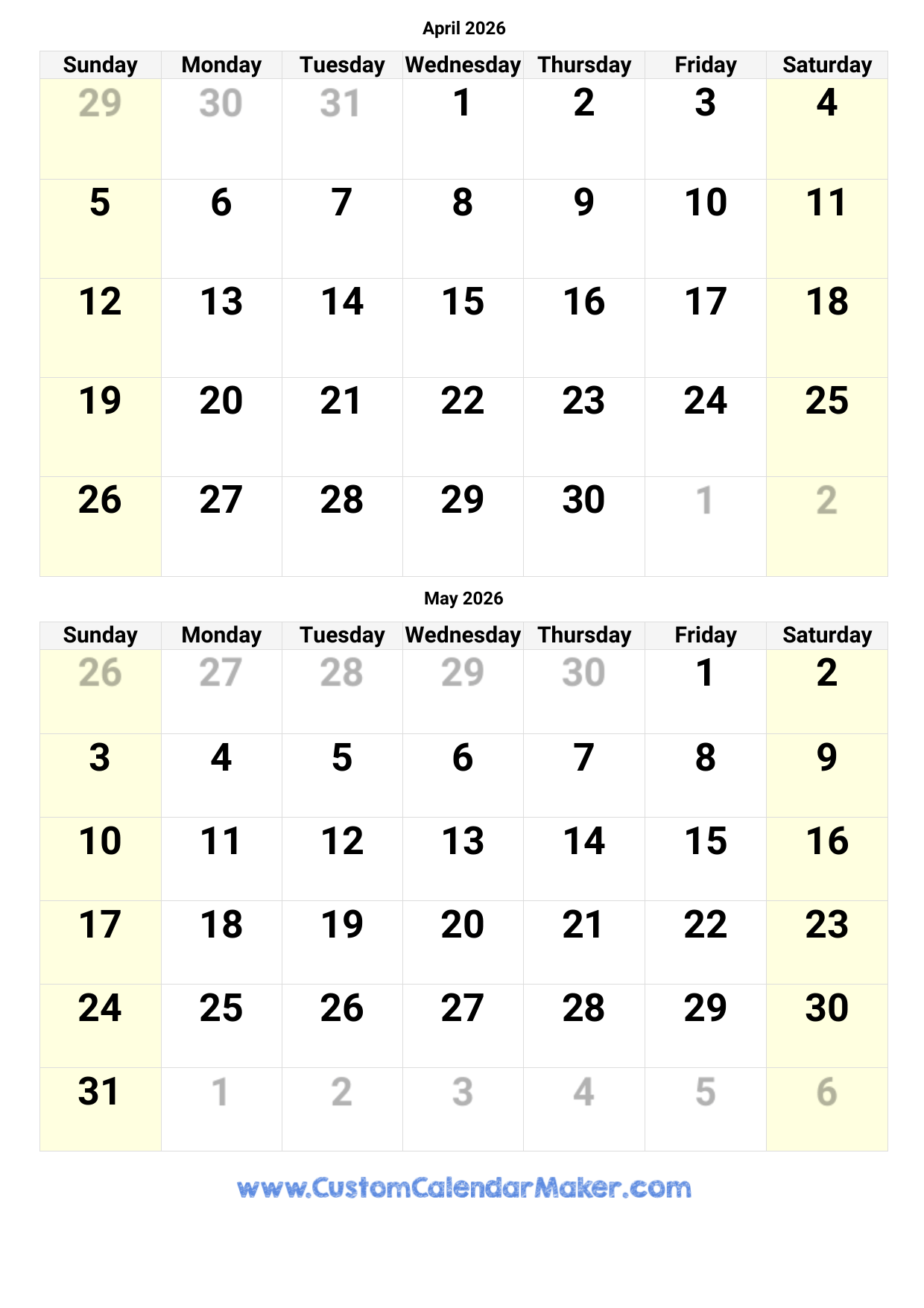February Through April 2026 Calendar