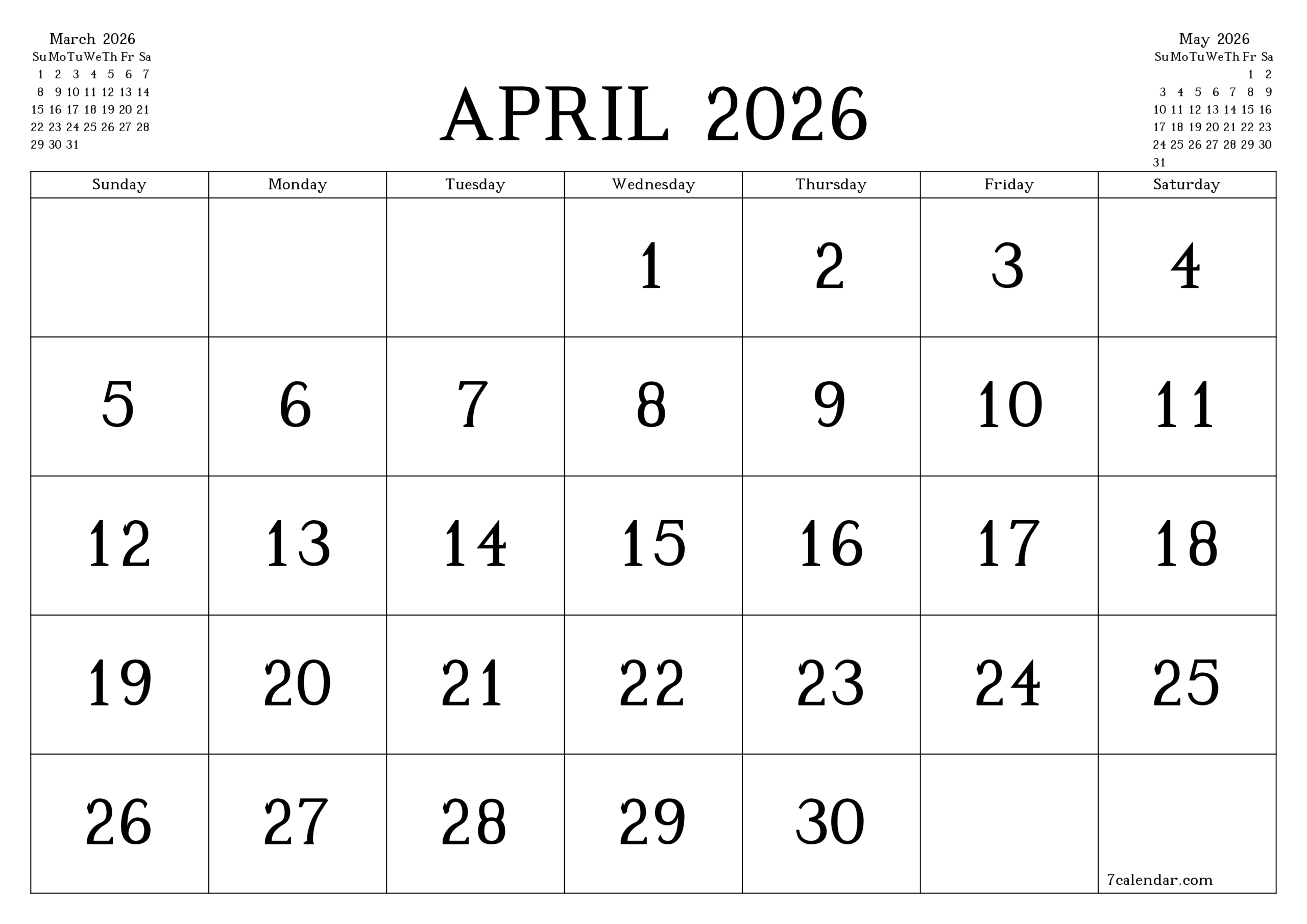 Free Printable April 2026 Calendar