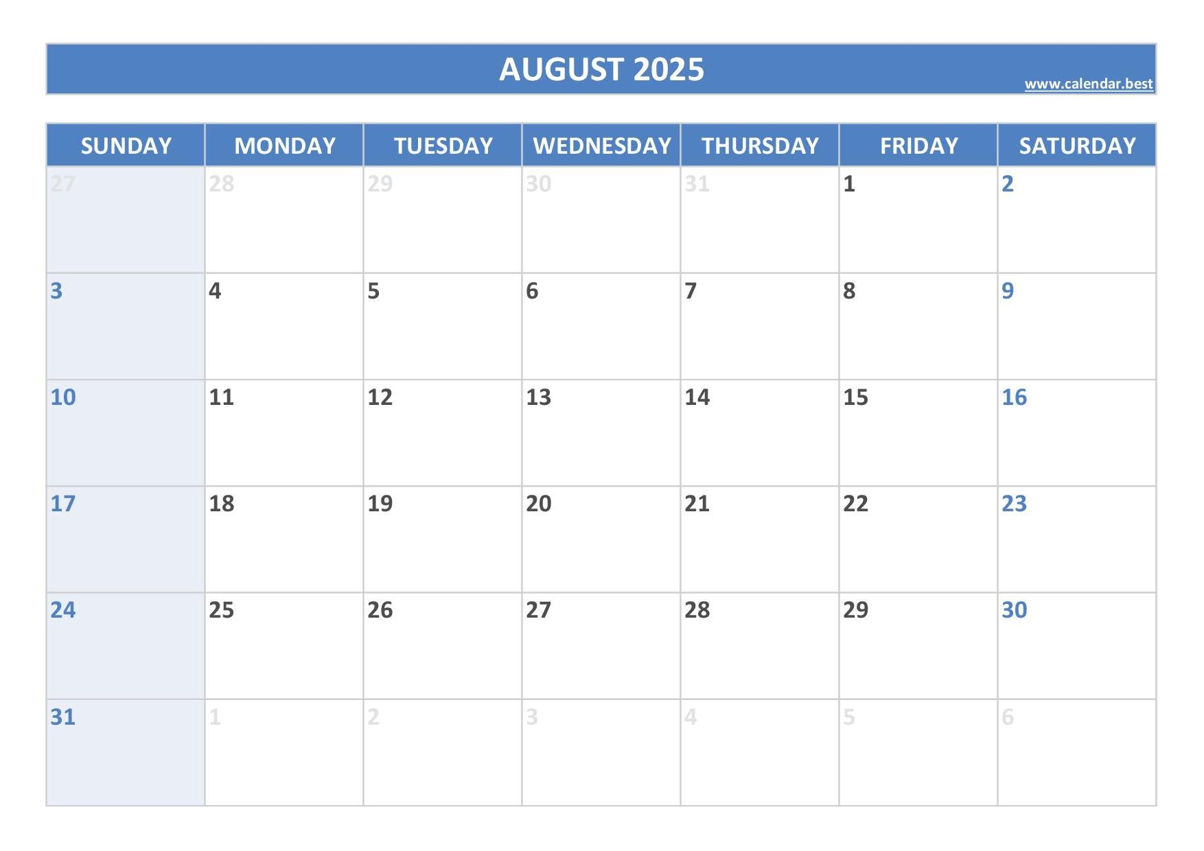 August 2025 Calendar Free Printable