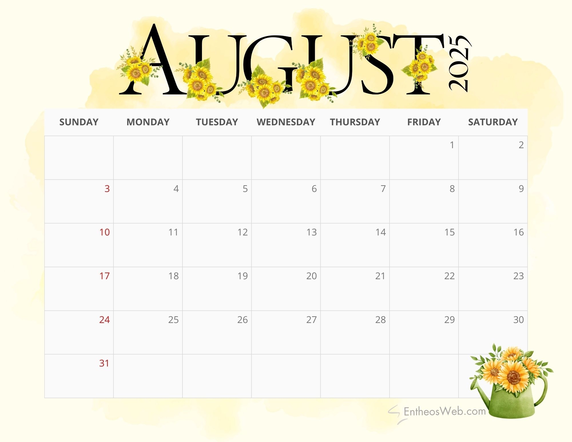 August 2025 Printable Calendar Free