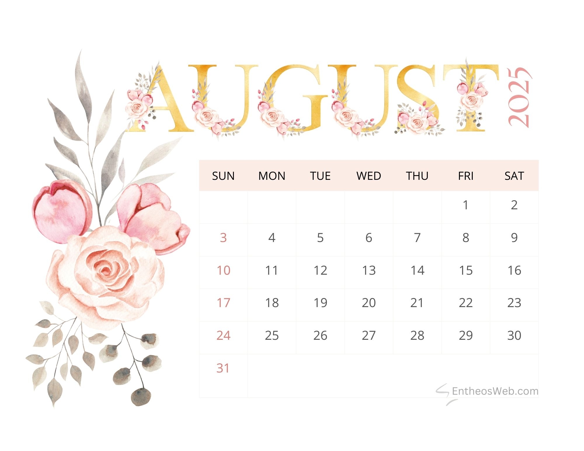 Free Calendar 2025 August