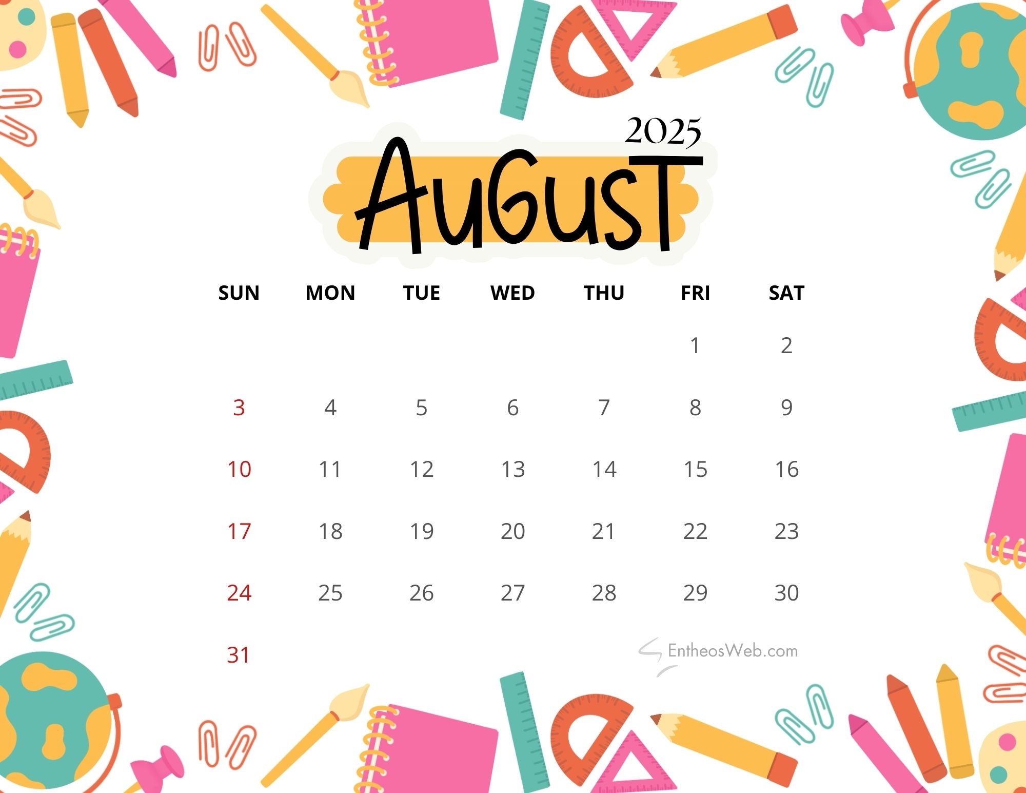 Blank August Calendar 2025 Printable