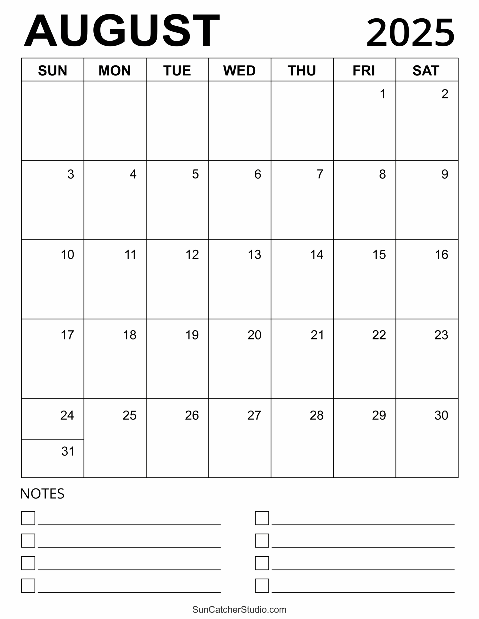 Monthly Calendar August 2025