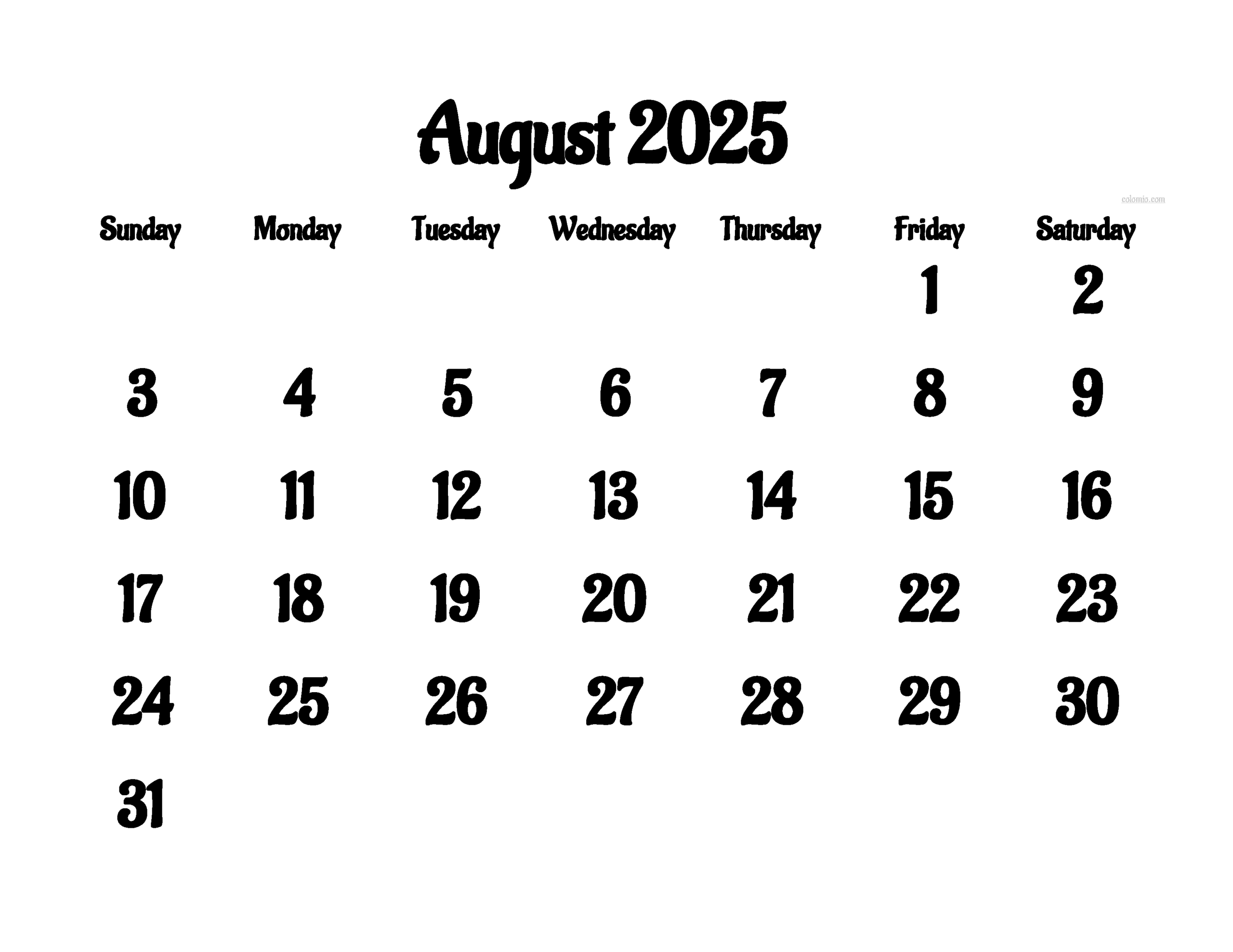 August 2025 Weekly Calendar
