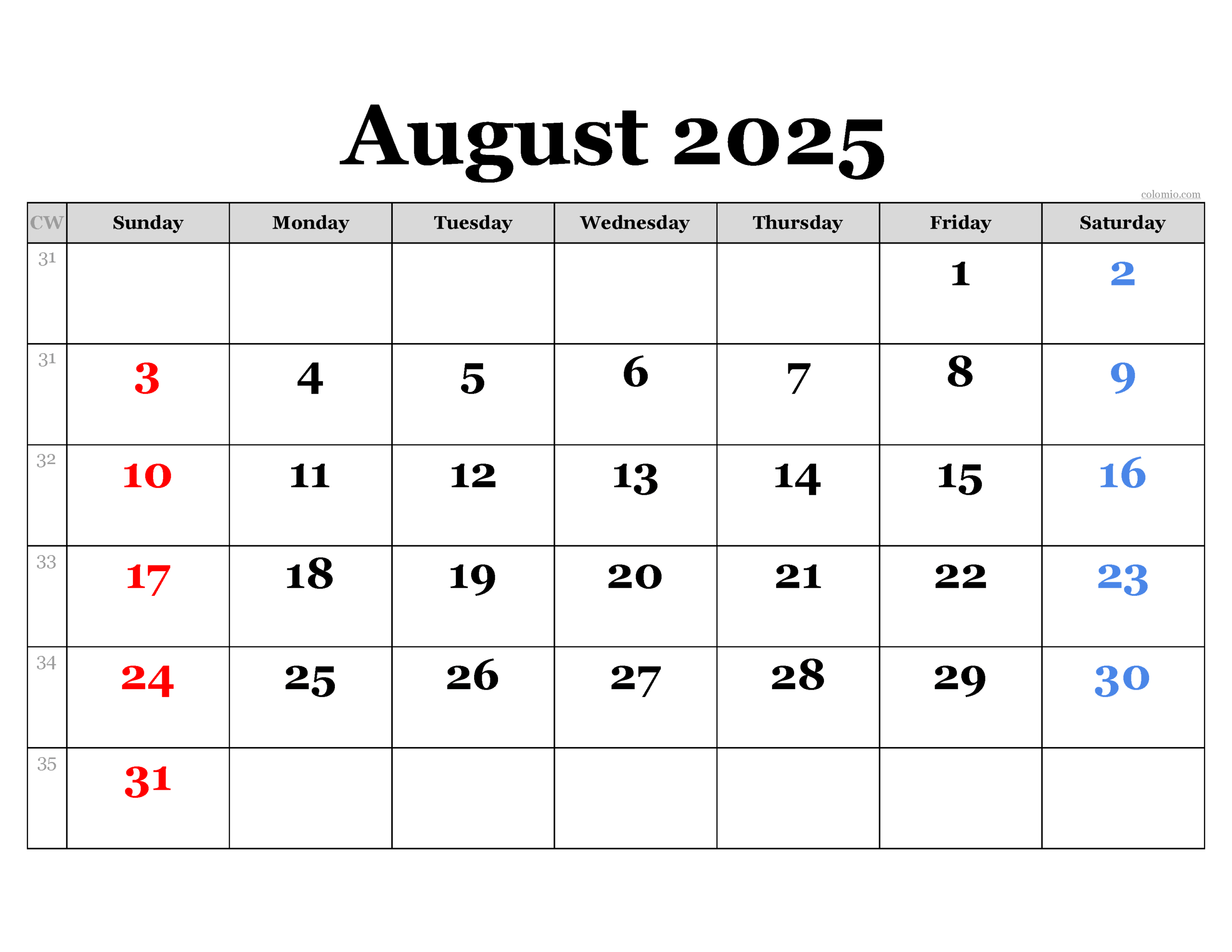 August 2025 Calendar Free Printable PDF XLS And PNG