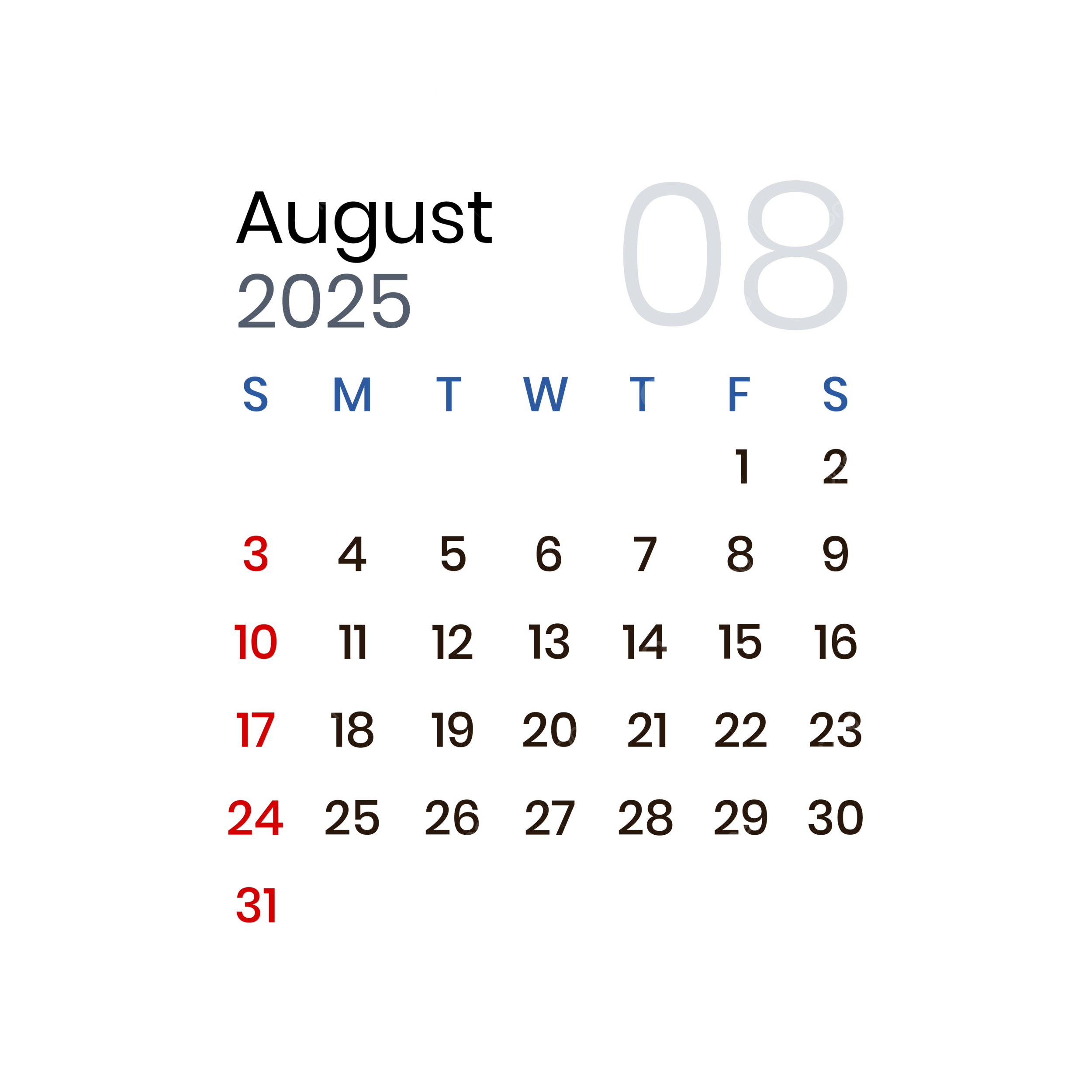 August 2025 Calendar PNG Transparent Images Free Download Vector Files Pngtree
