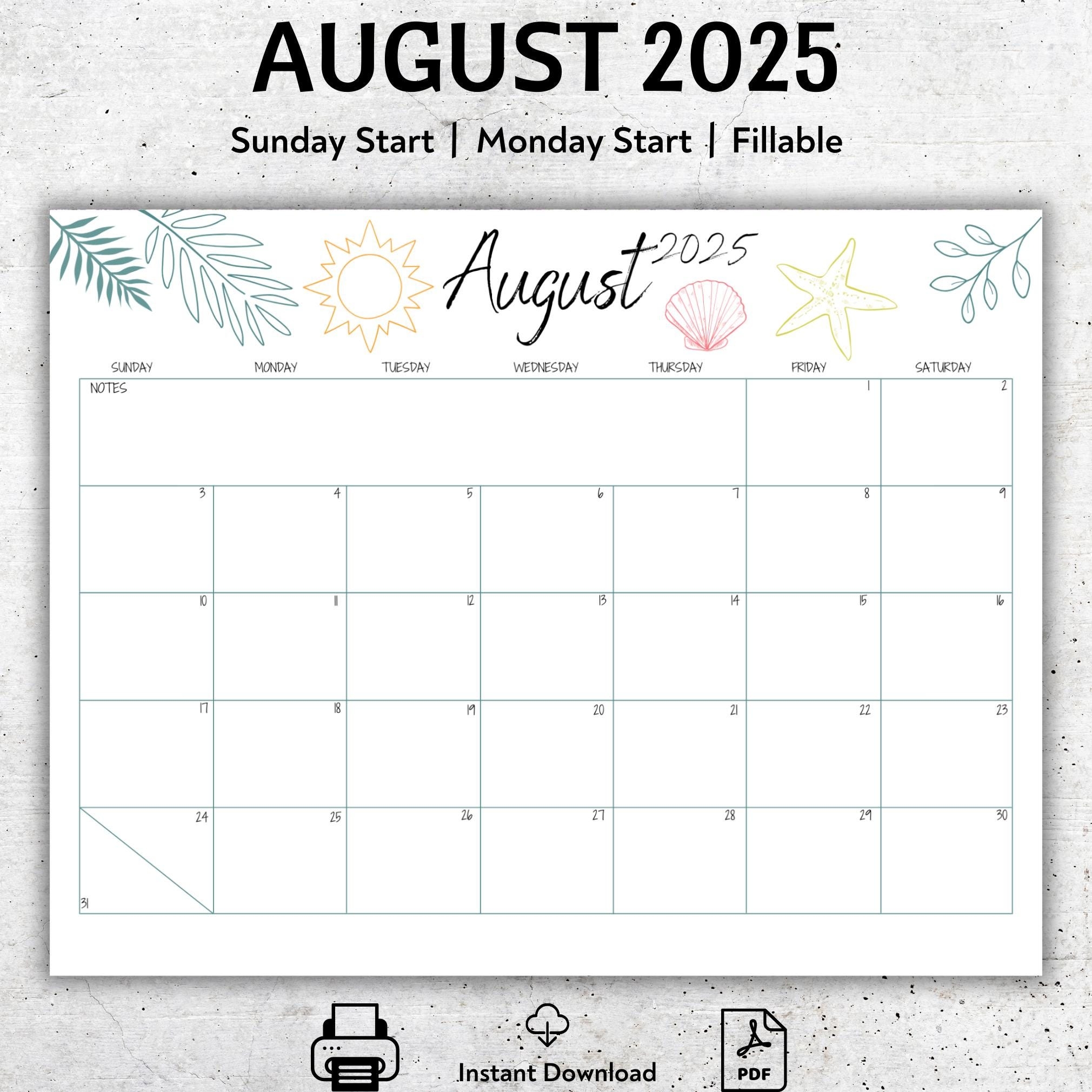 August 2025 Calendar Printable Minimalist Beach Design Editable PDF Template Sunday Or Monday Start Instant Download Etsy