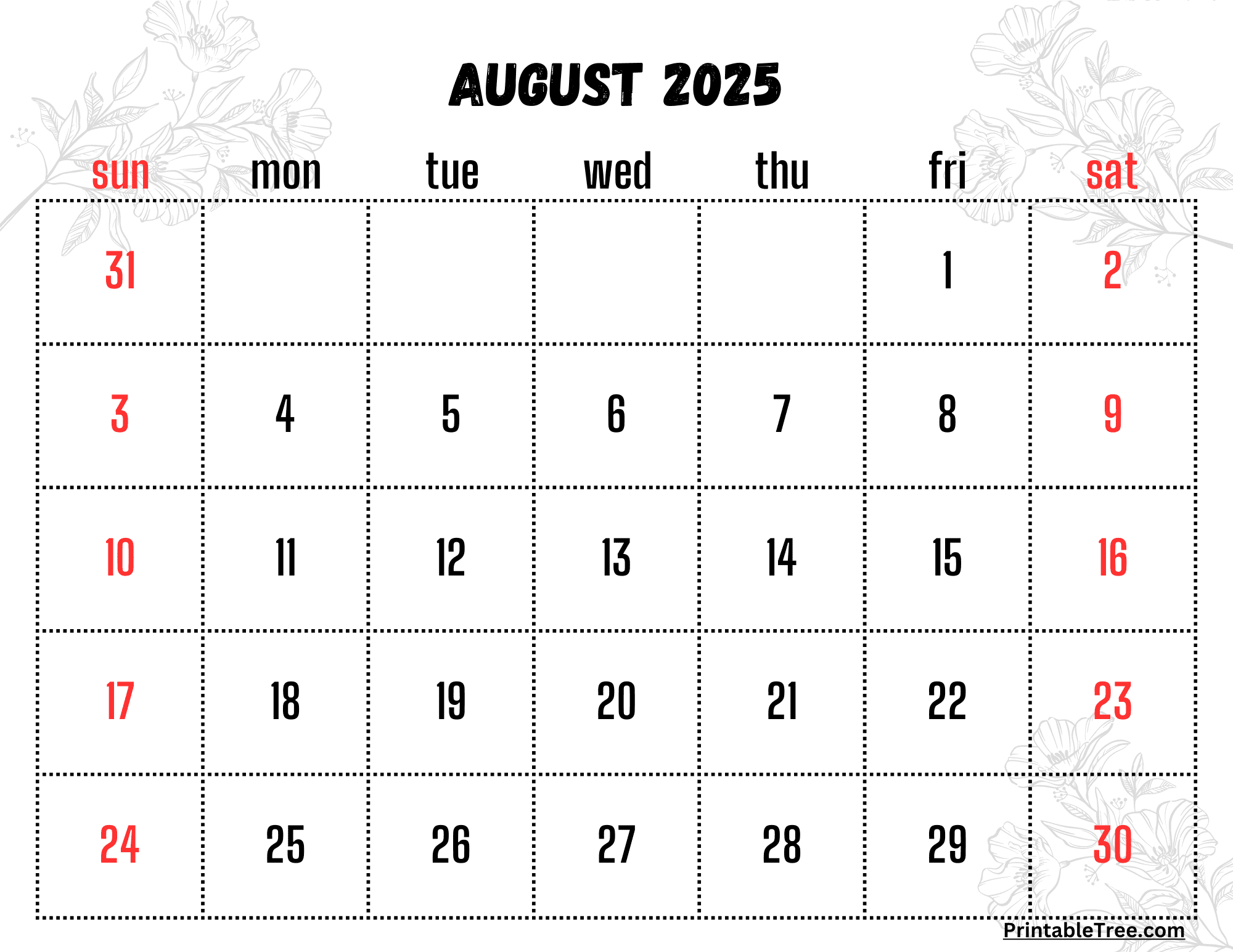August Printable Calendar 2025 Free