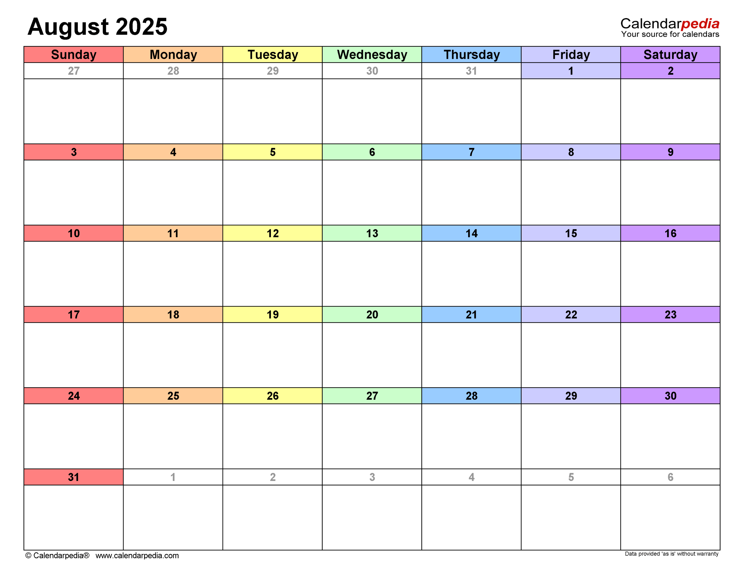 August Fillable Calendar 2025