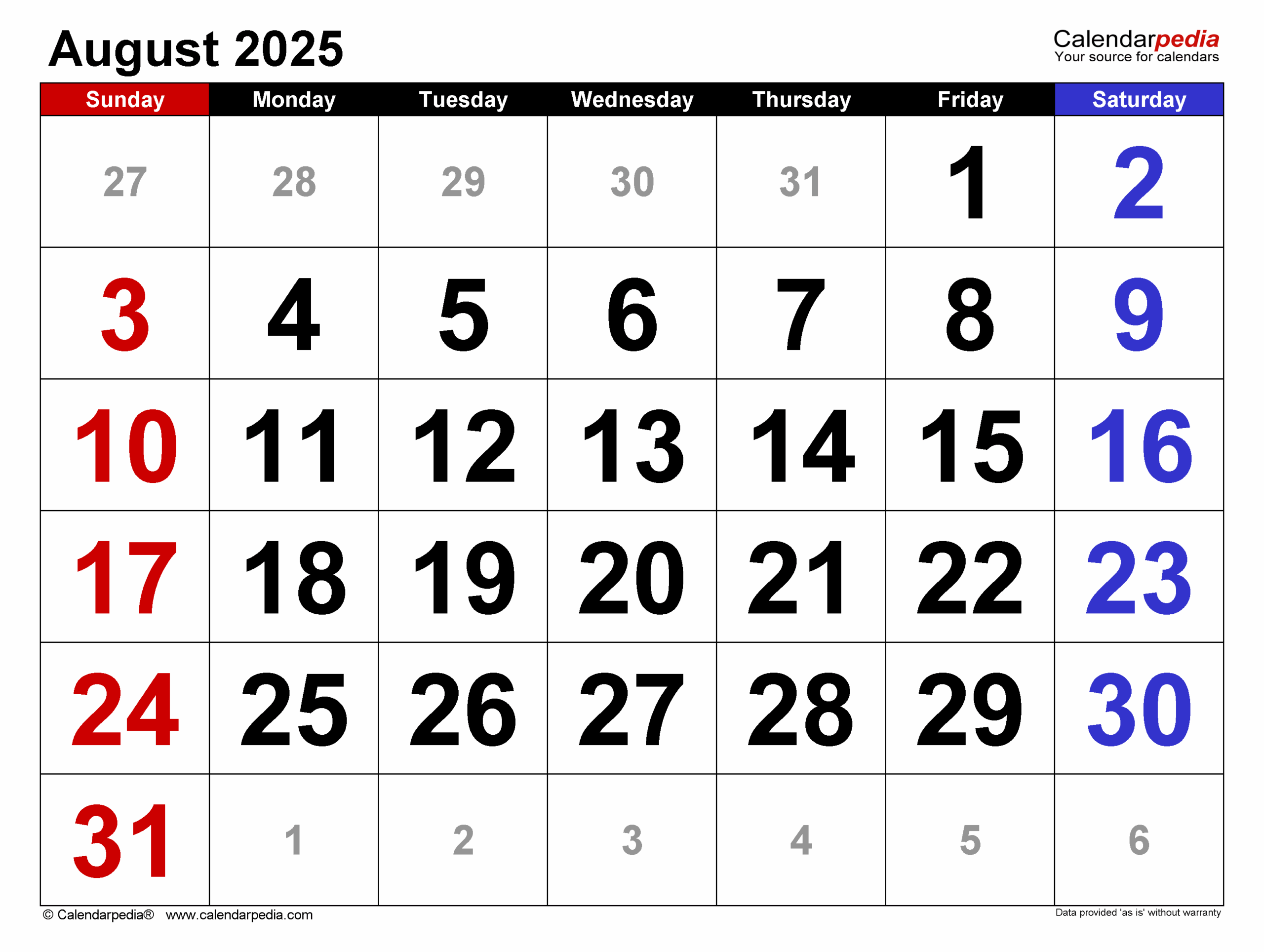 Aug 2025 Calendar