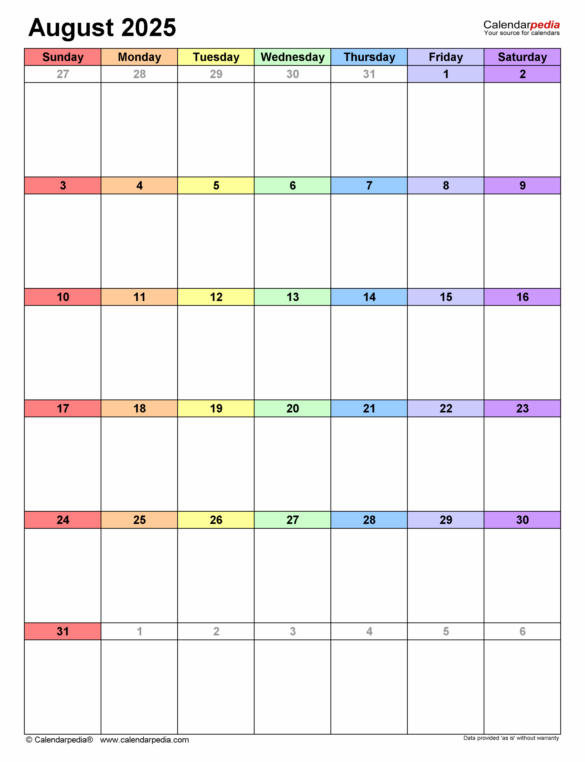 August 2025 Calendar Templates For PDF Excel And Word