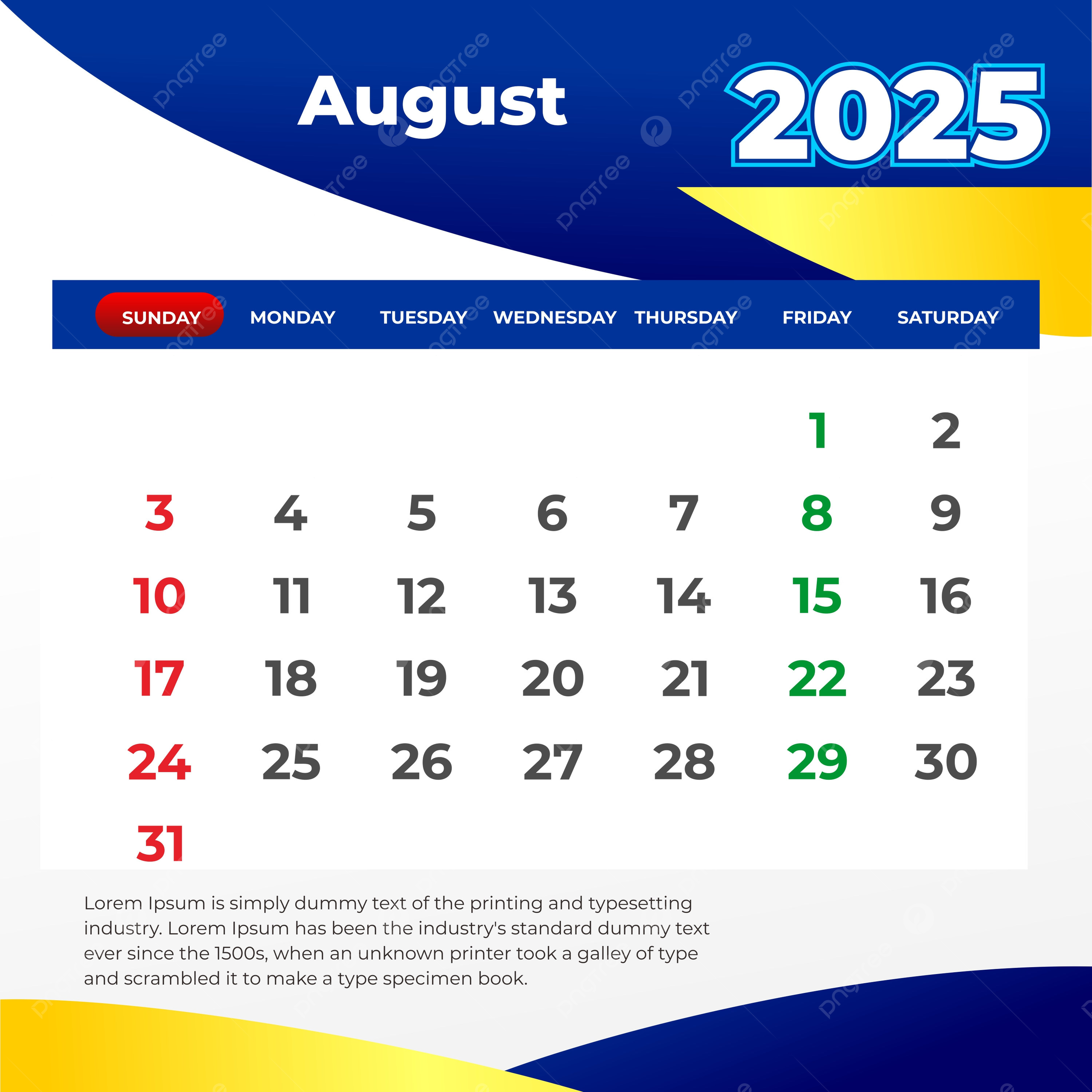 August 2025 Calendar Vector Template Download On Pngtree