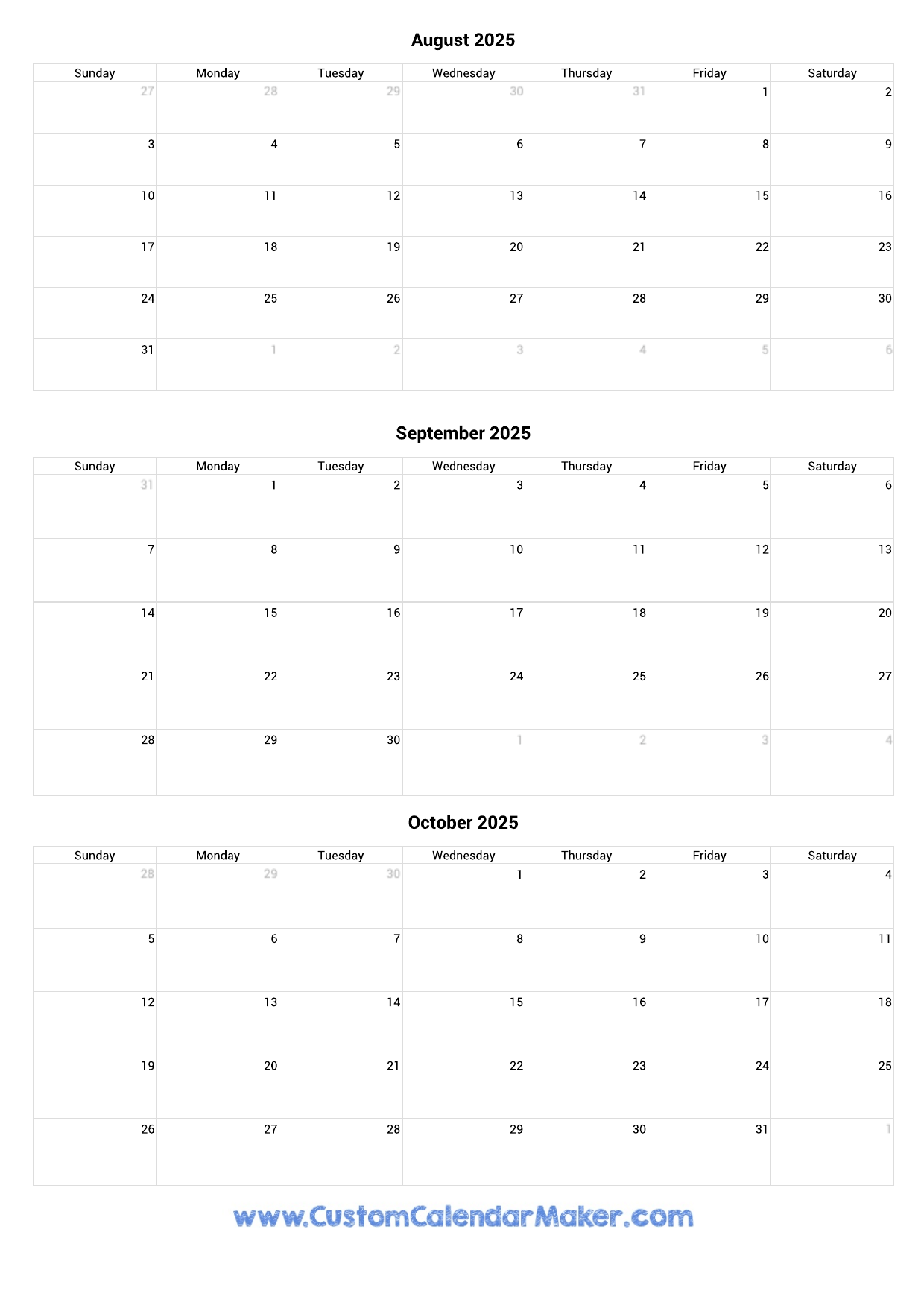 Calendar 2025 August September October