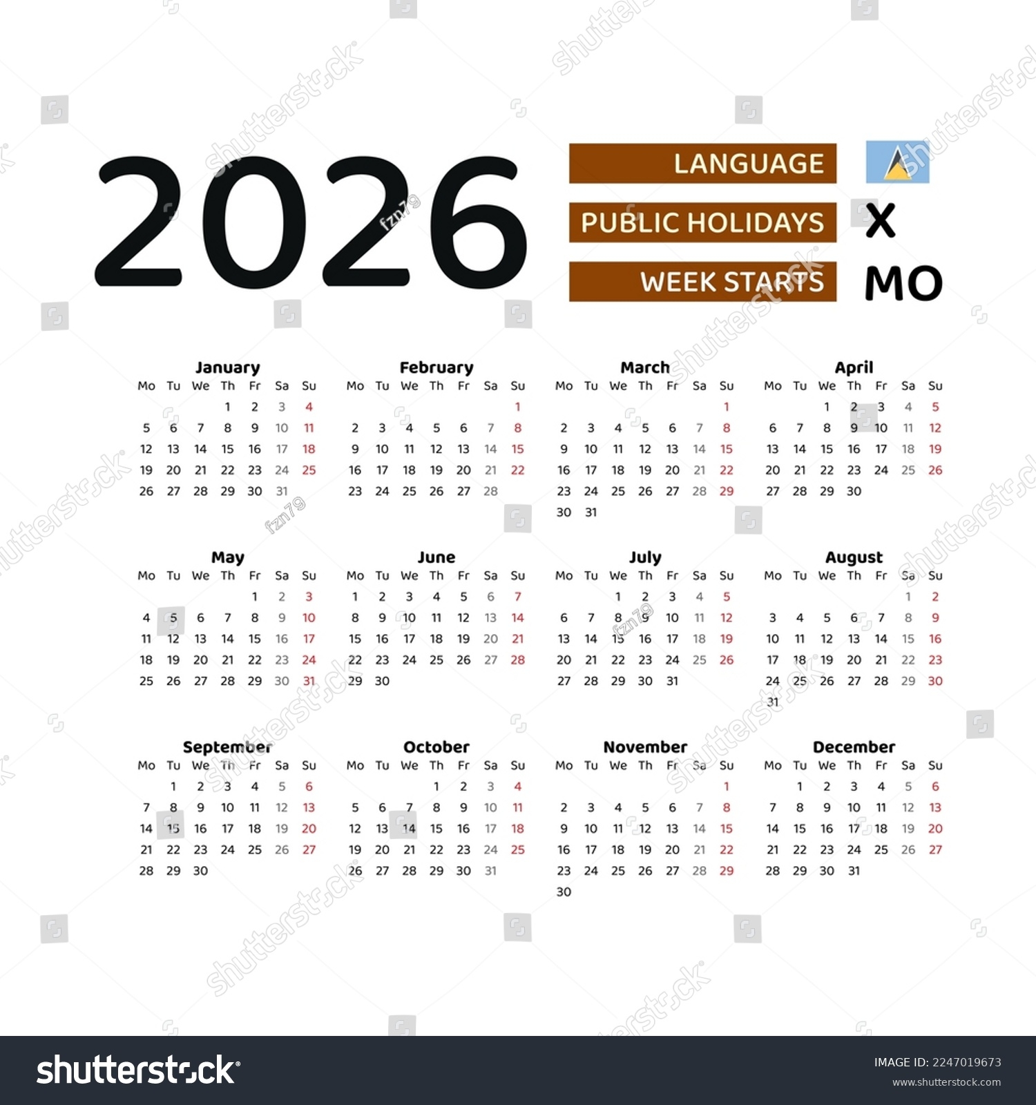 Calendar 2026 English Language Saint Lucia Stock Vector Royalty Free 2247019673 Shutterstock