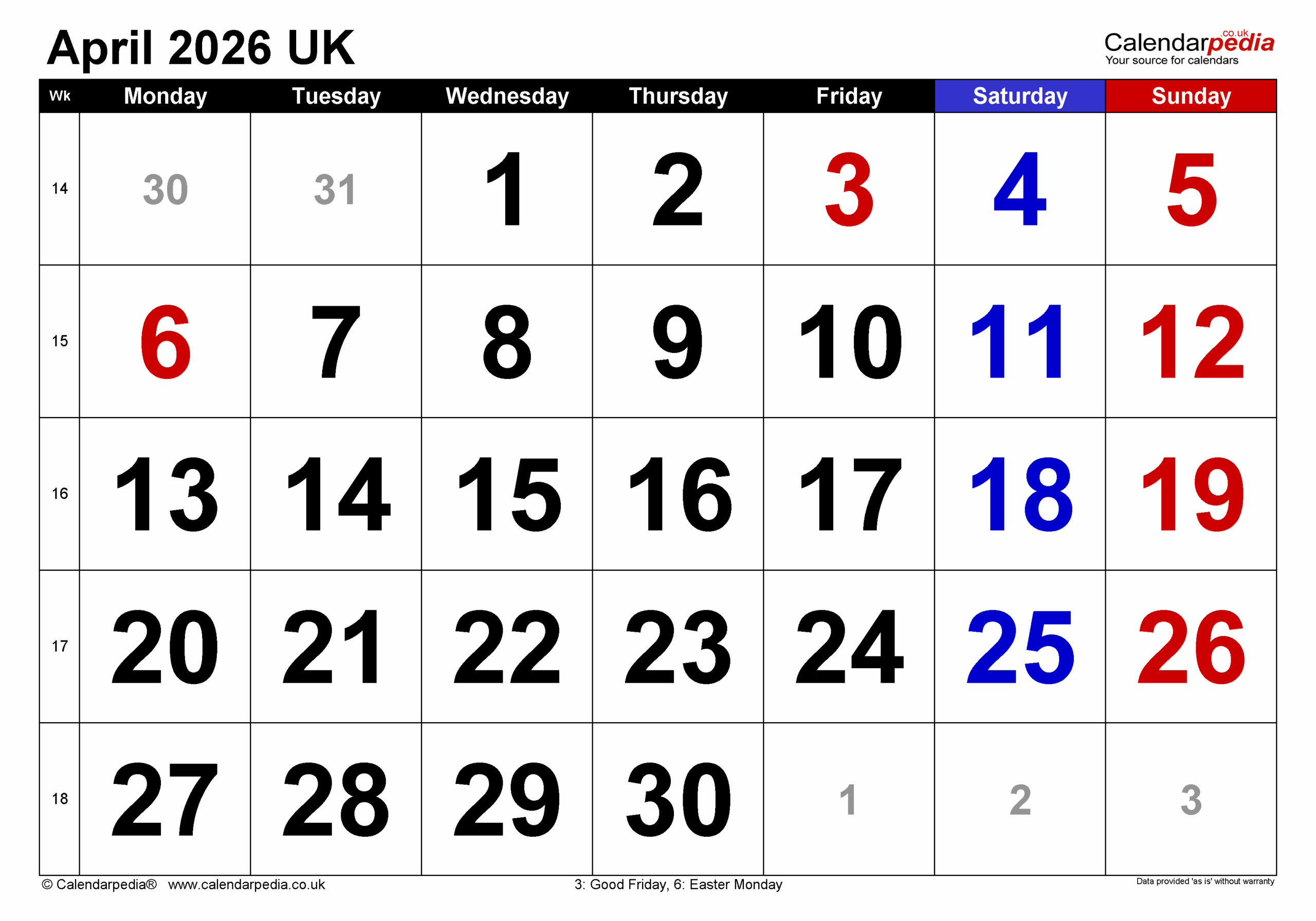 April 2026 Printable Calendar