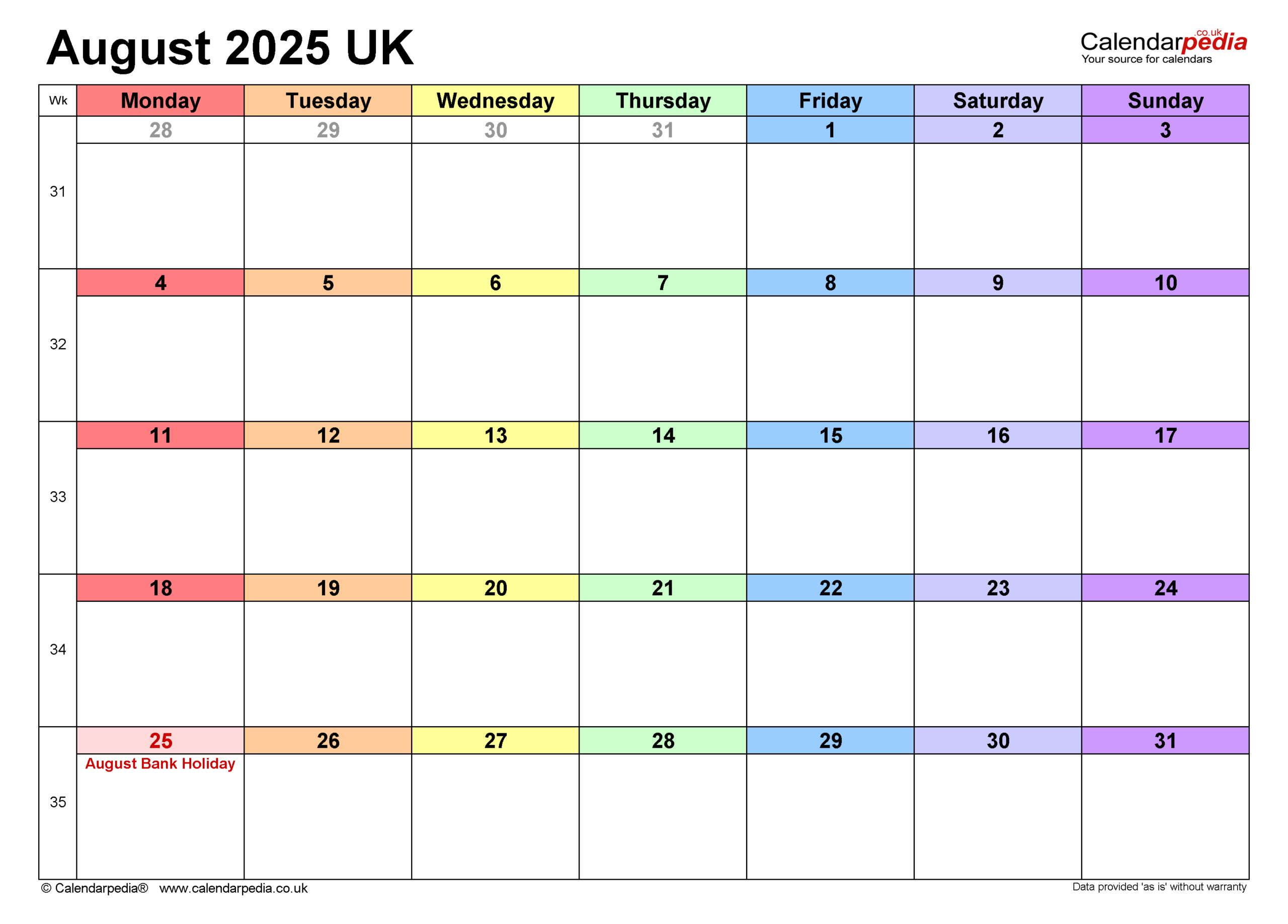 Calendar August 2025 UK With PDF Excel And Word Templates
