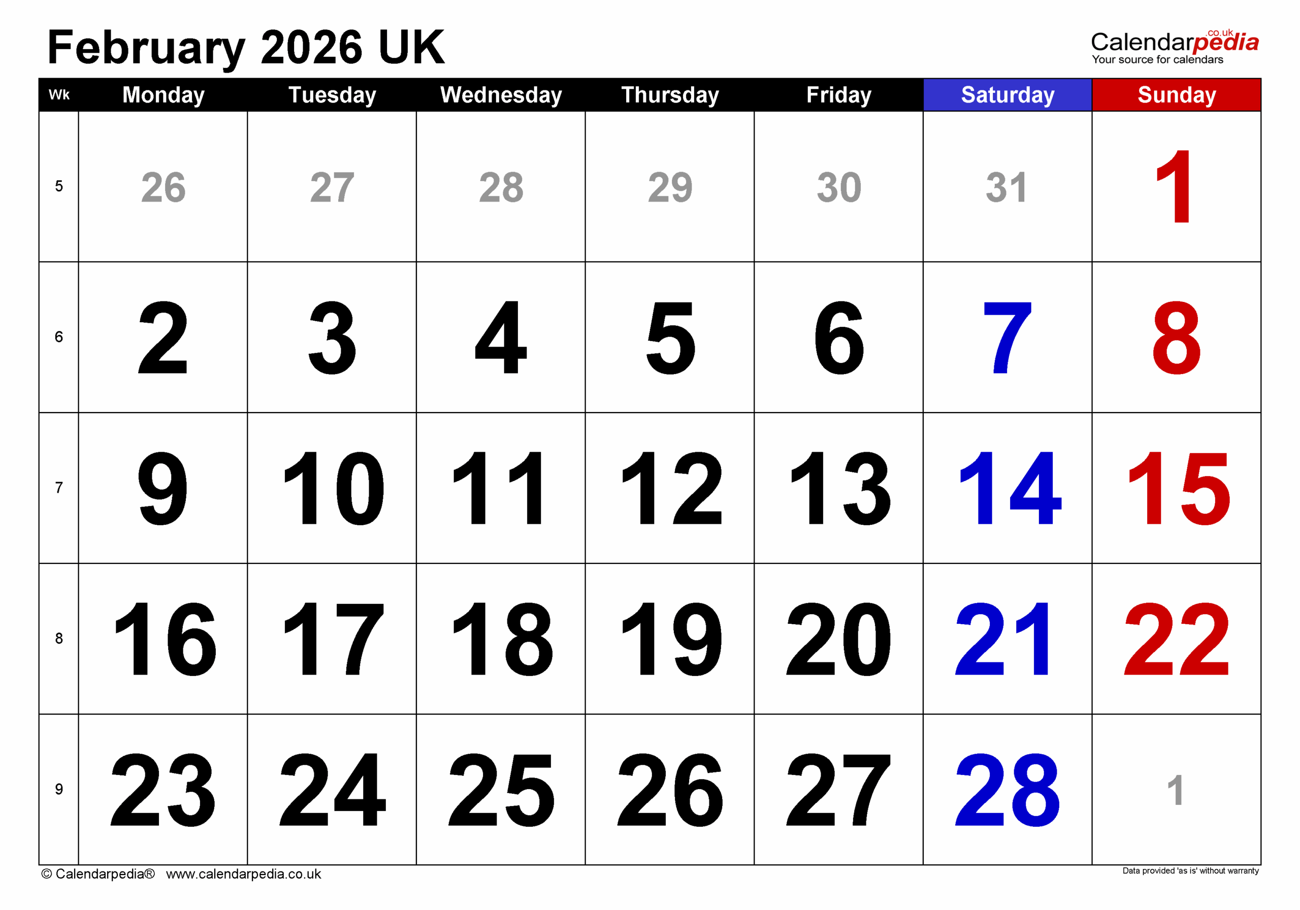February 2026 Printable Calendar
