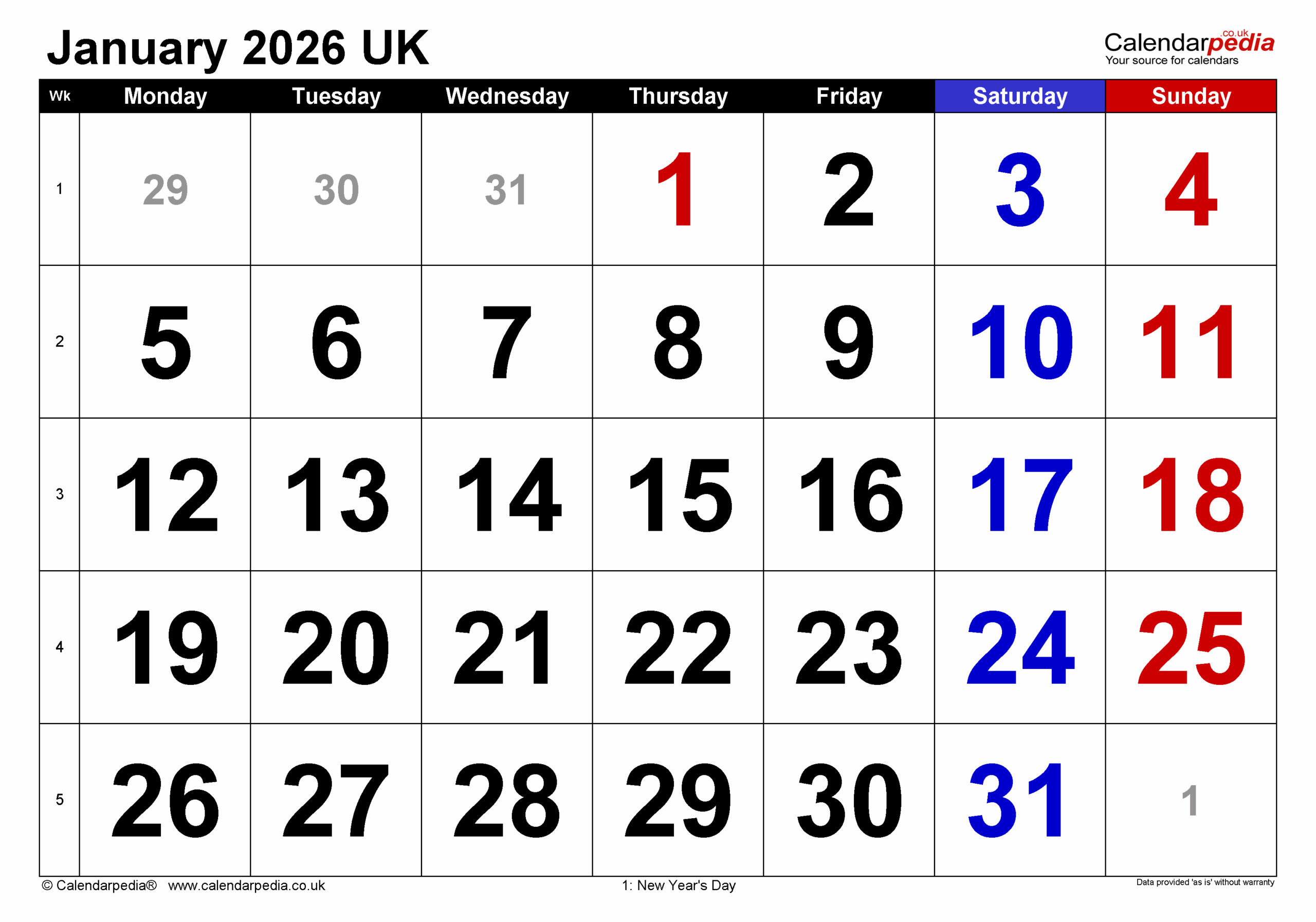 2026 January Calendar Printable