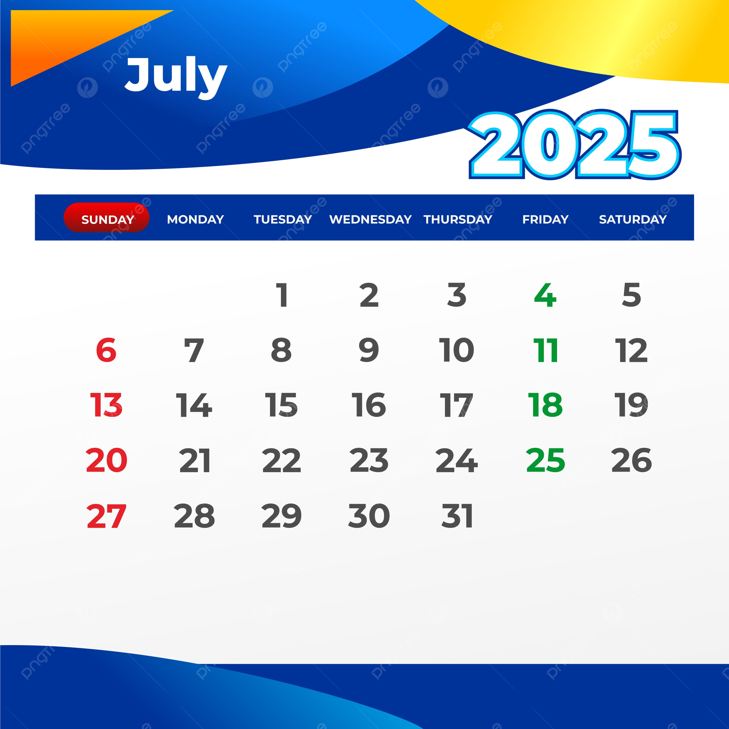 Calendar July 2025 Vector Template Download On Pngtree