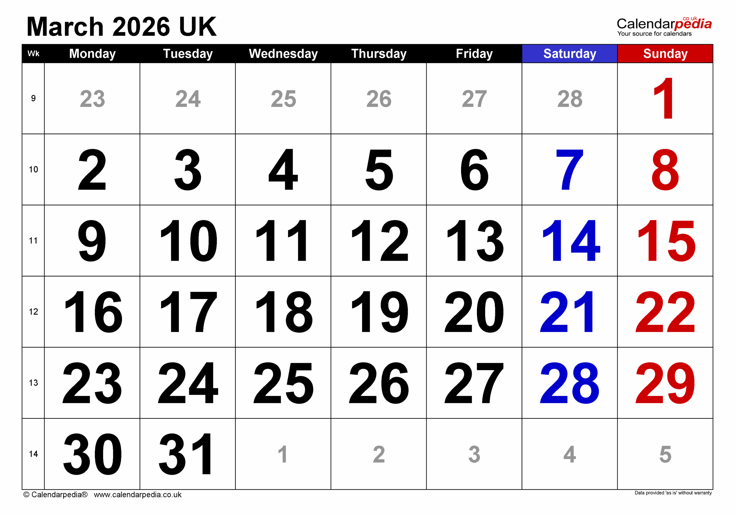 March 2026 Calendar Template