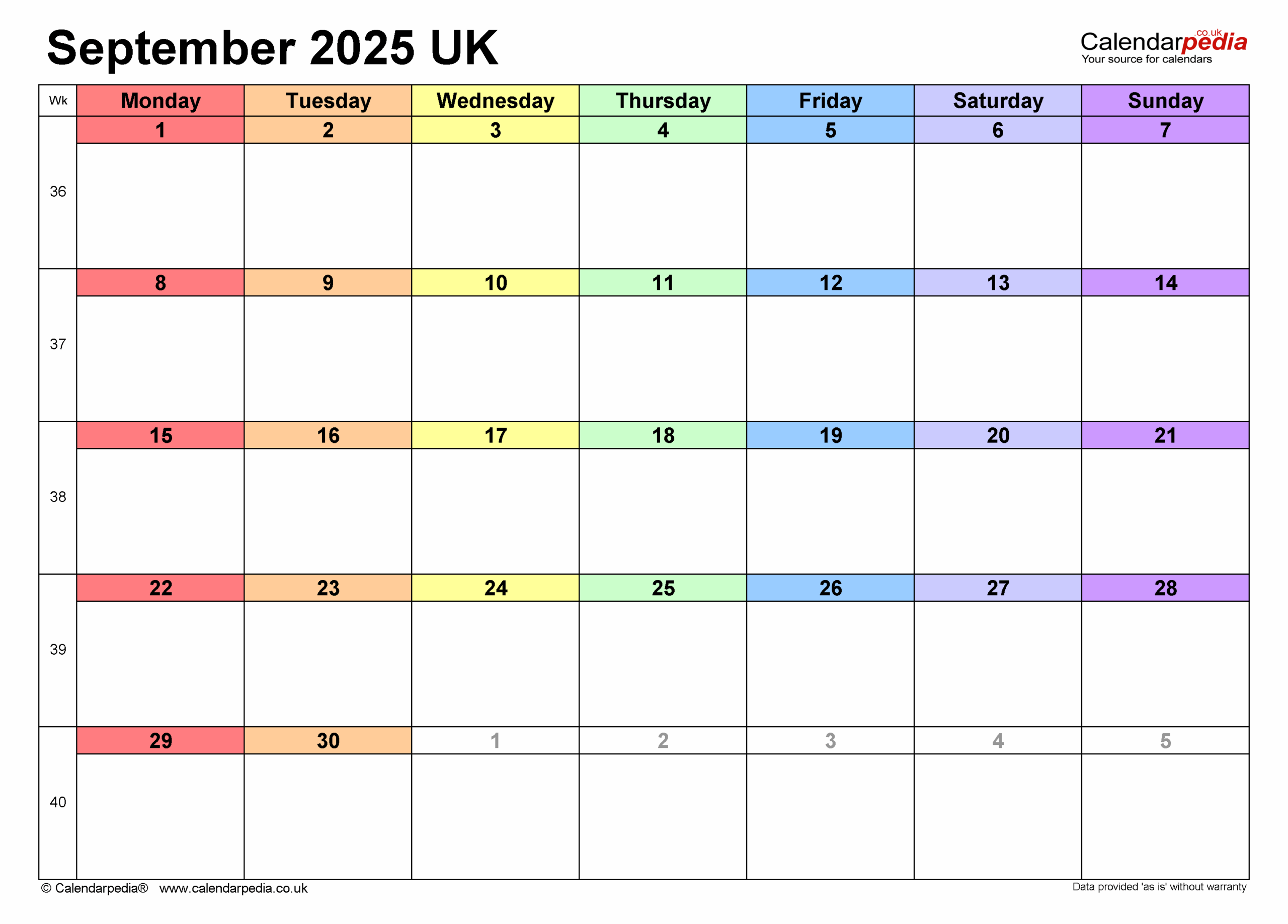 Calendar September 2025 UK With PDF Excel And Word Templates