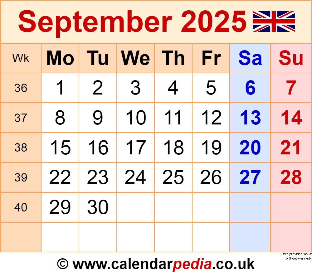 September 2025 Calendar Excel