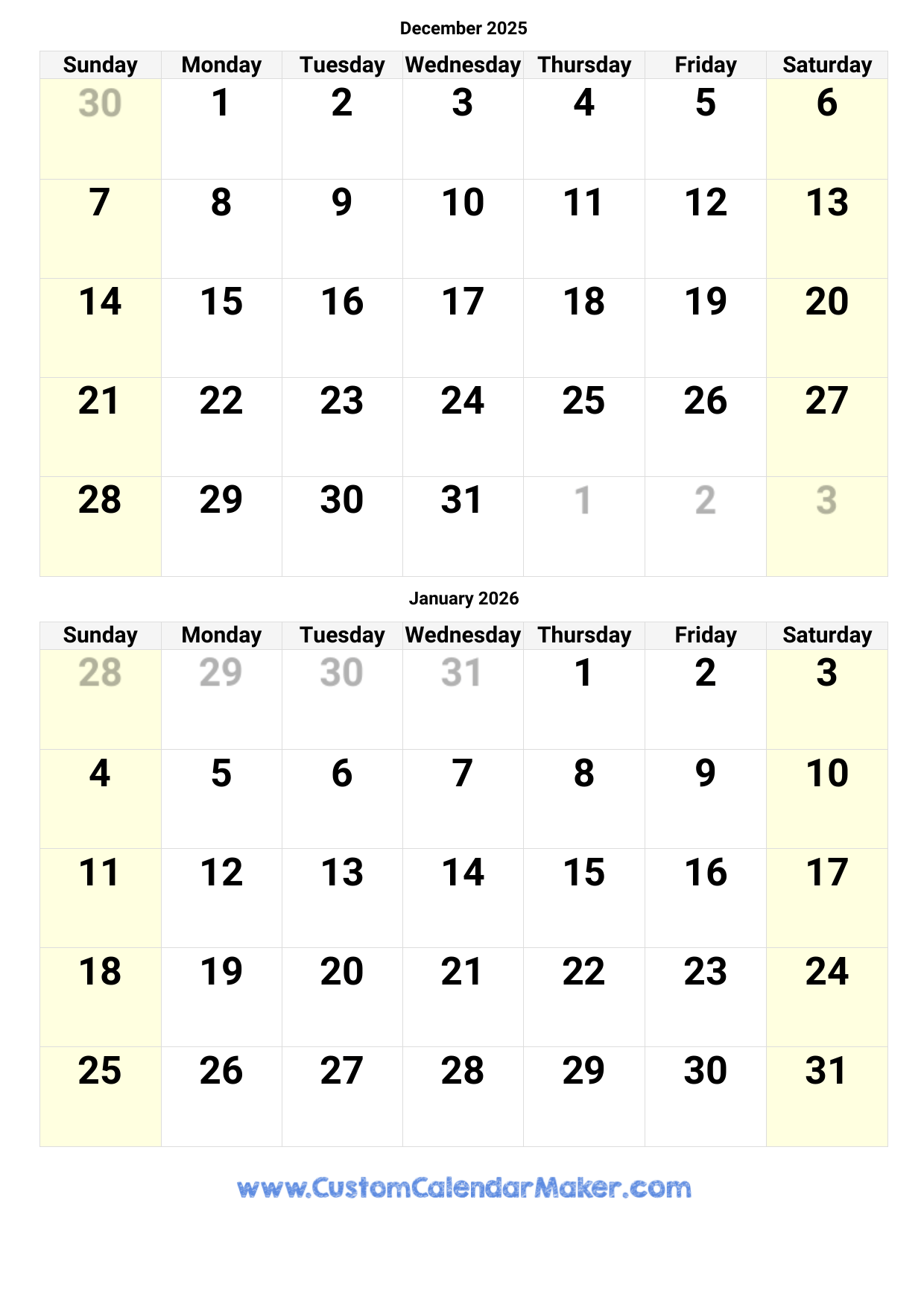 December 2025 And January 2026 Calendar Excel