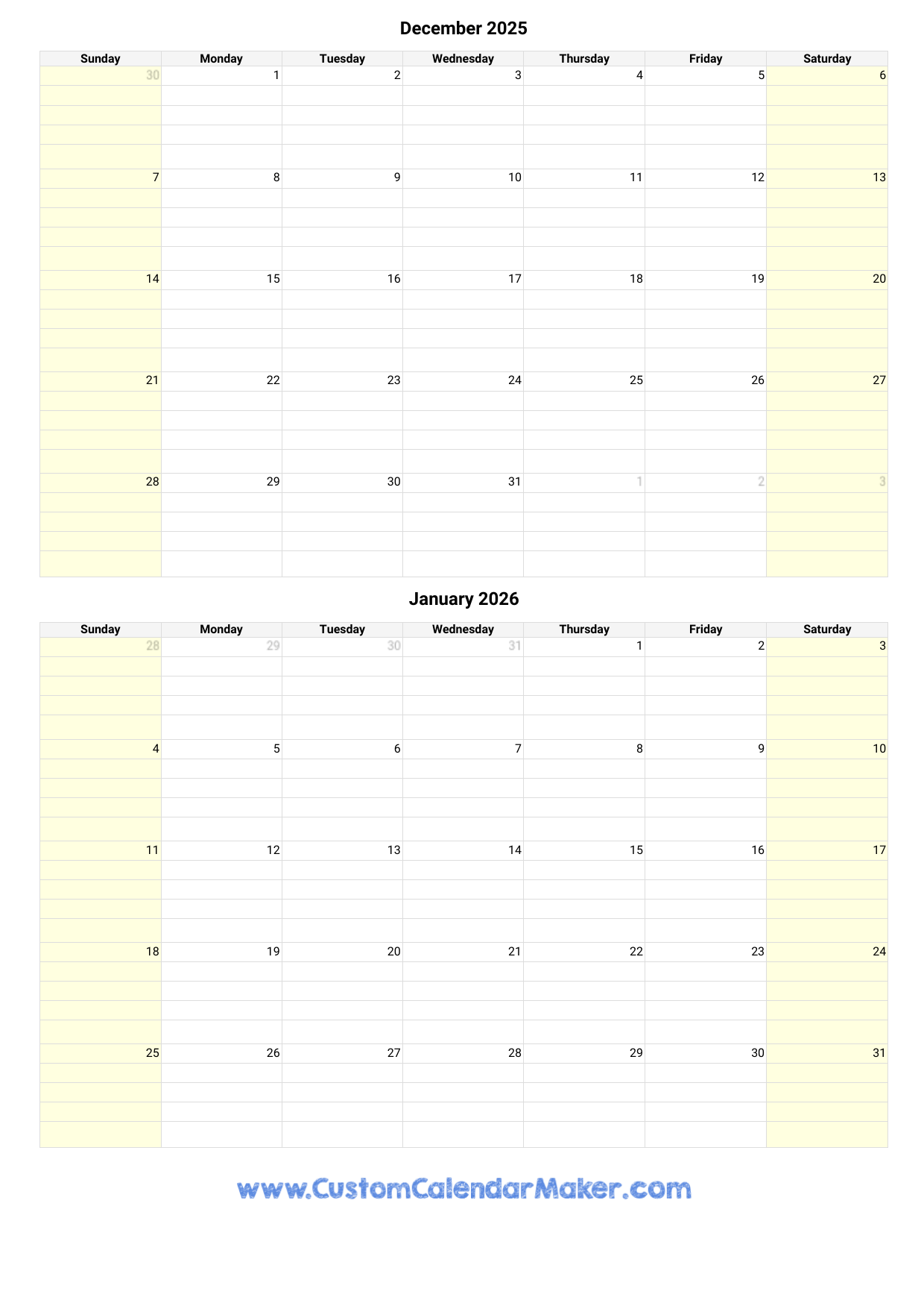December 2025 And January 2026 Calendar Custom Calendar Maker