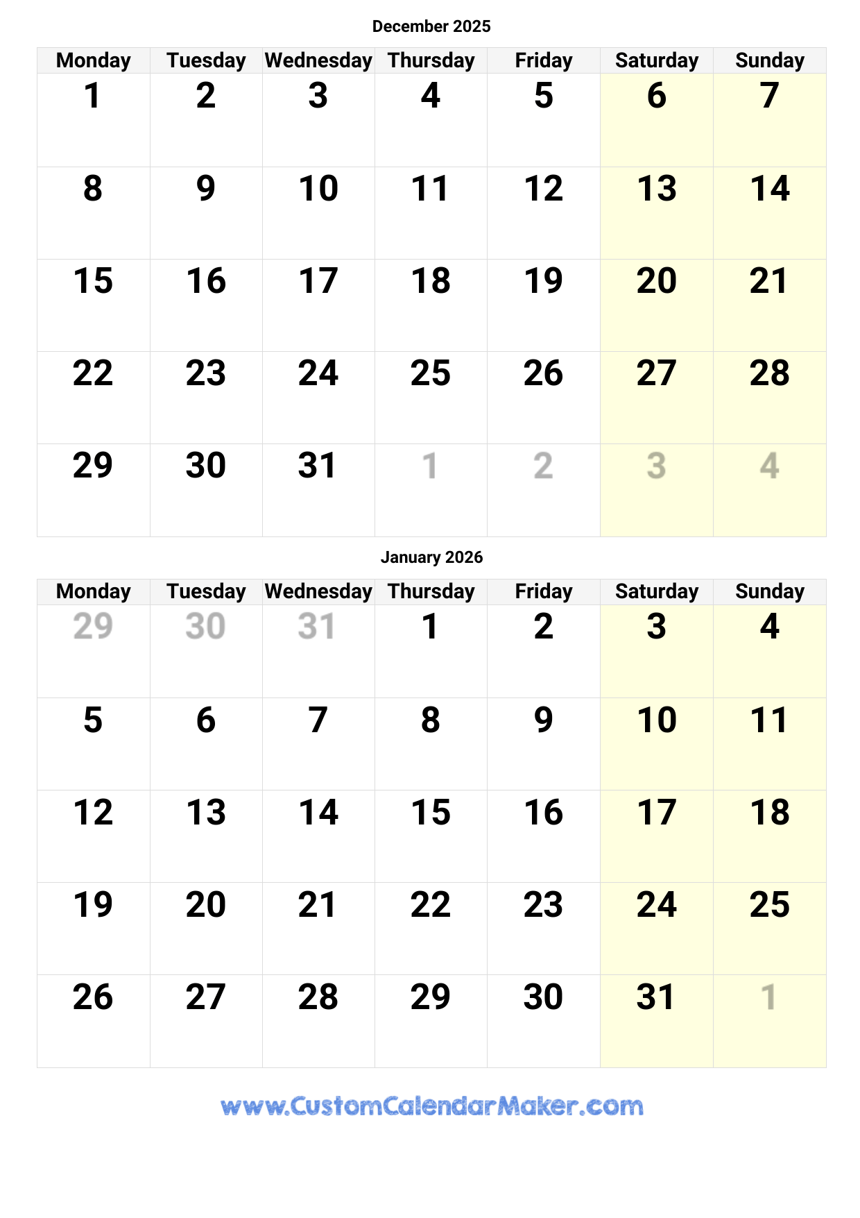 Calendar November December 2025 January 2026