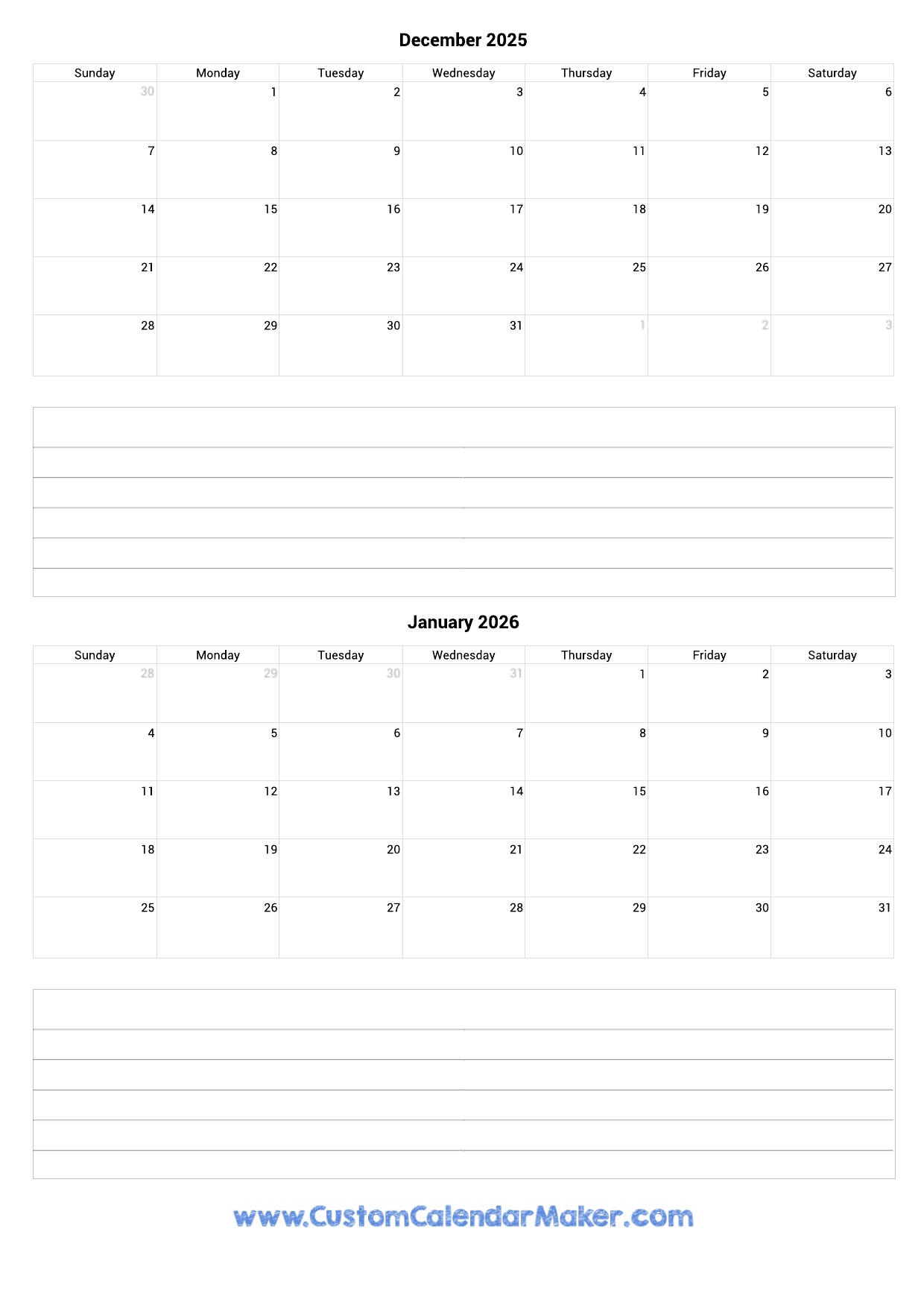 December 2025 And January 2026 Calendar Printable