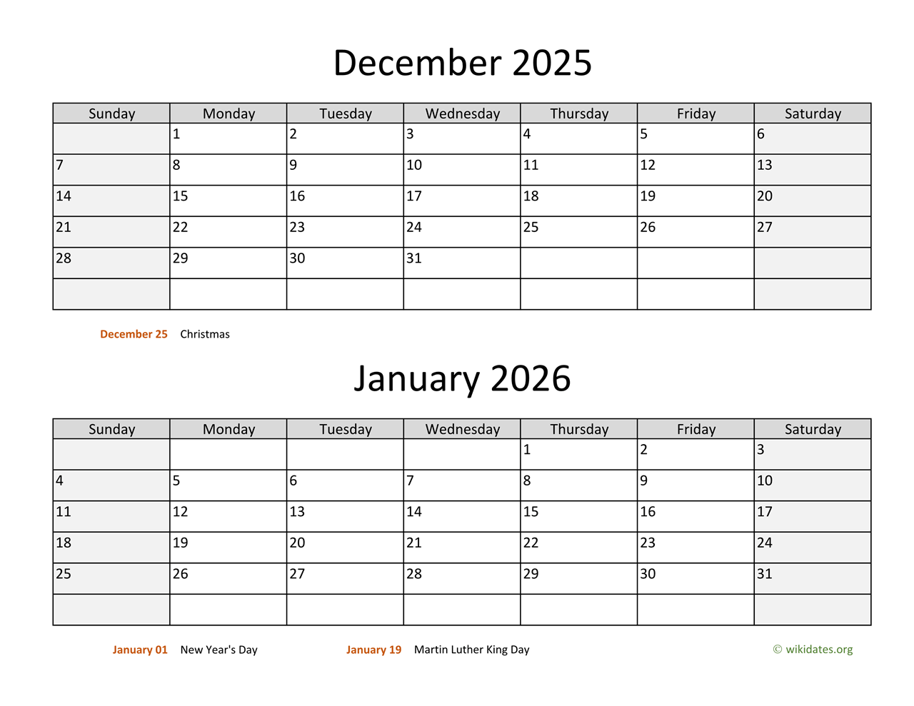 December 2025 And January 2026 Calendar WikiDates