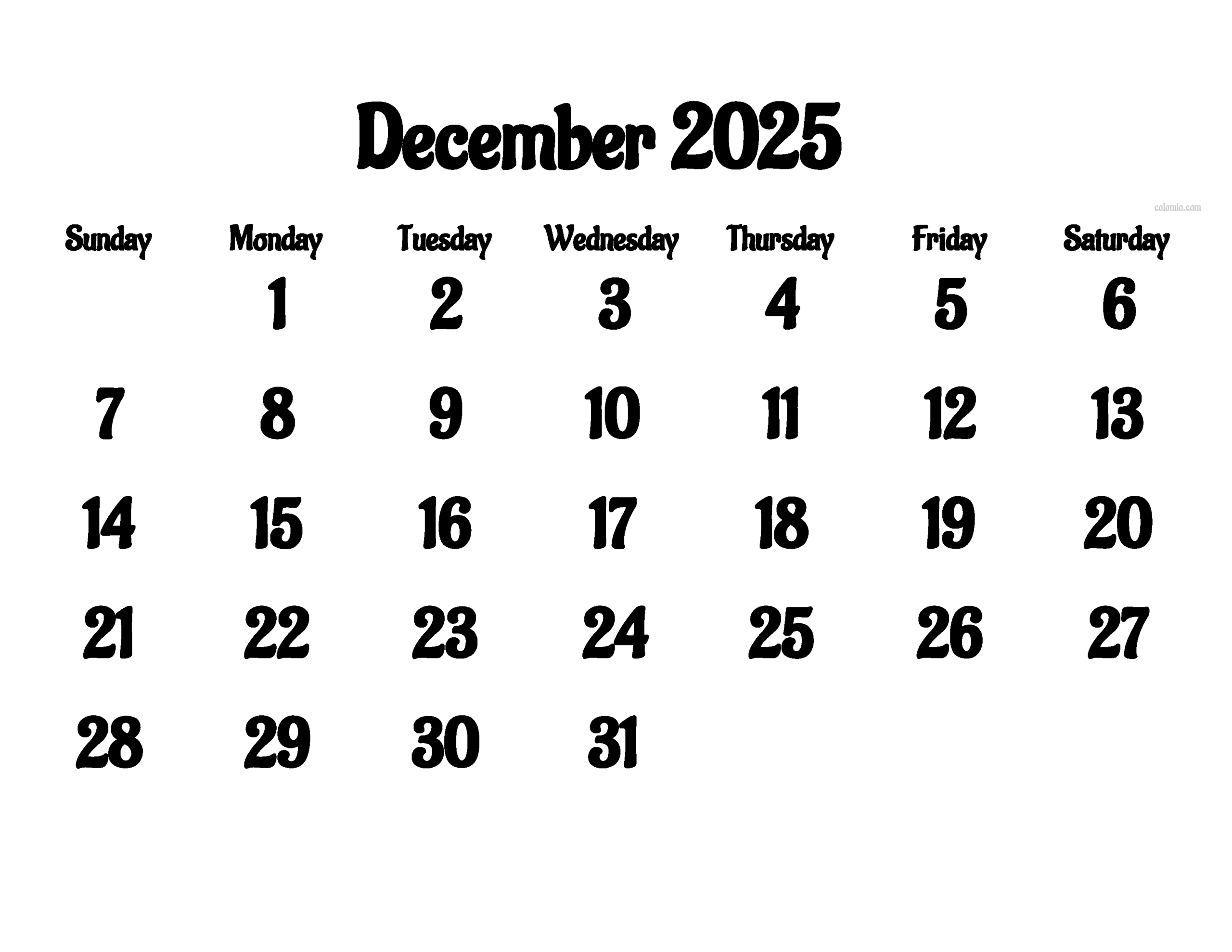 Printable Dec 2025 Calendar