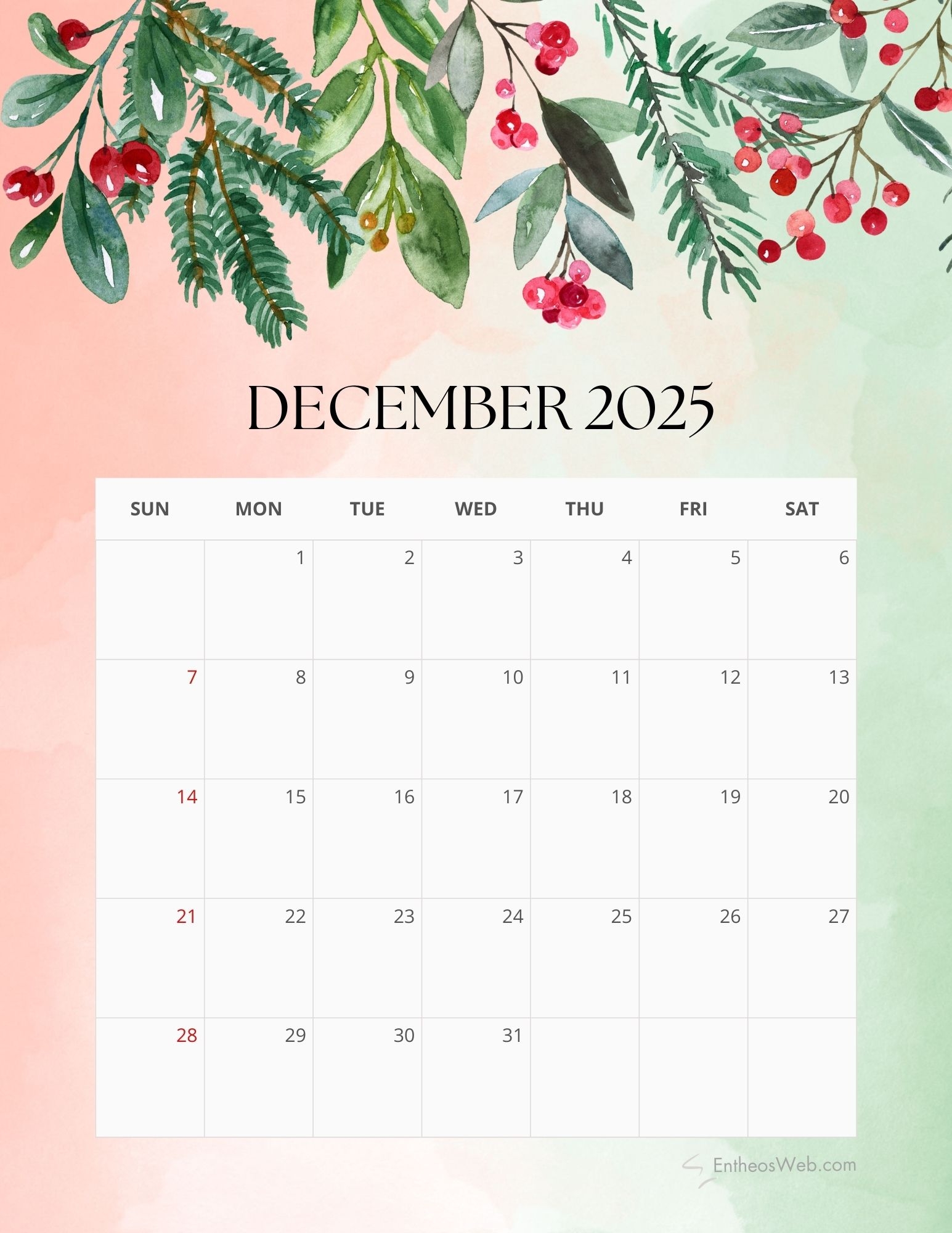 December 2025 Calendar Printables EntheosWeb