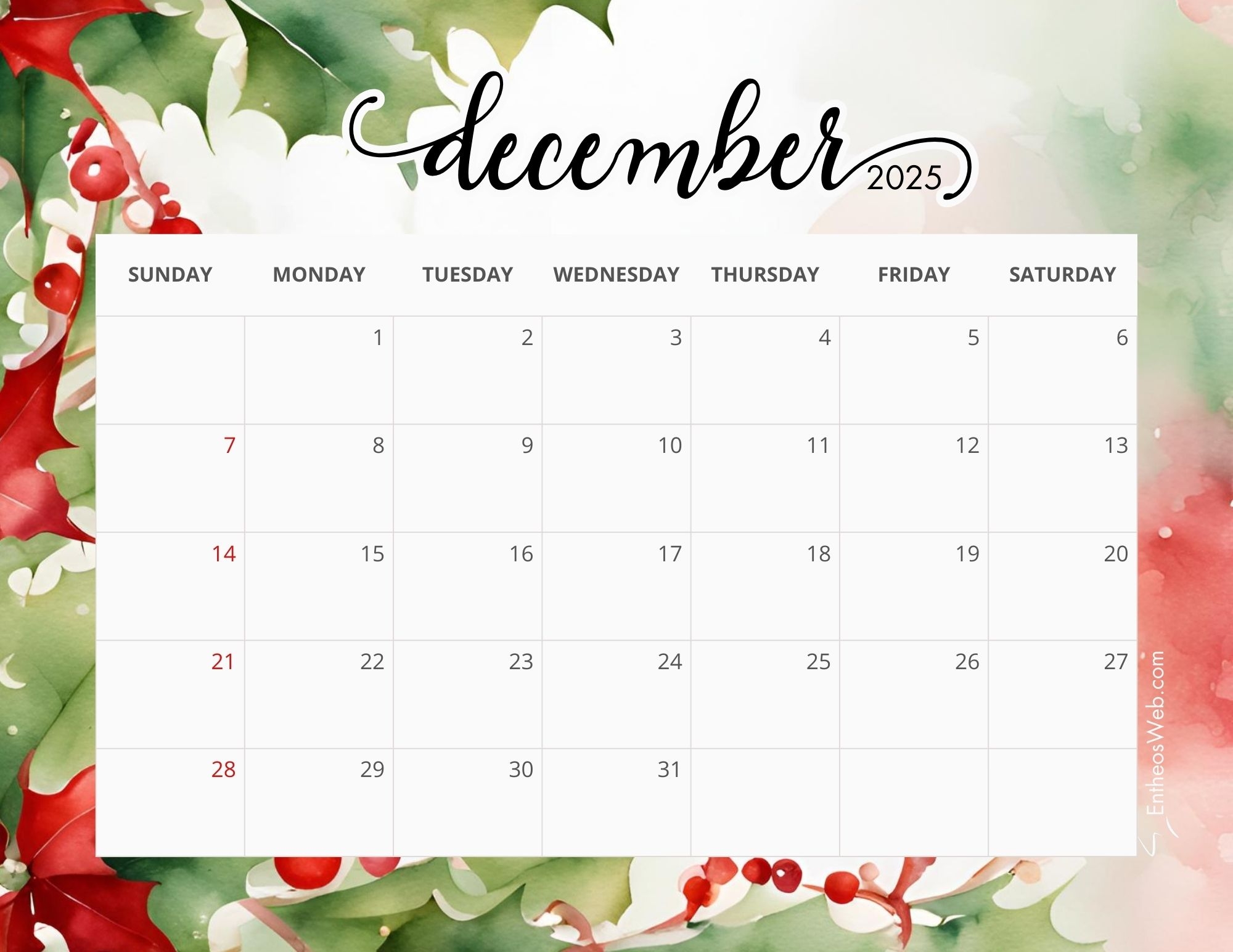 December 2025 Calendar Christmas
